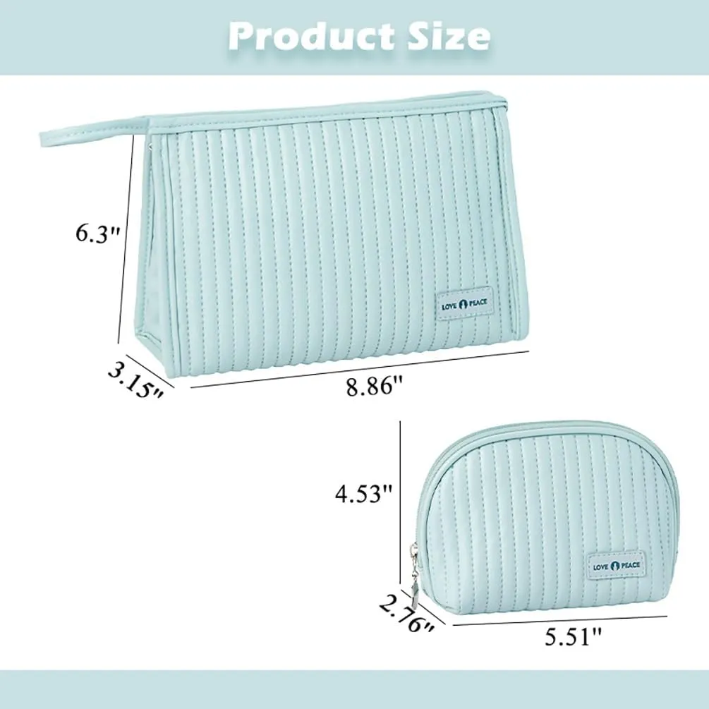 2 Pcs Makeup Bags, Mini Bag for Purse,Flat Bottom Makeup Pouch with Mesh Pockets for Travel, Minimalism Cosmetic Pouch (Light Blue)