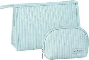 2 Pcs Makeup Bags, Mini Bag for Purse,Flat Bottom Makeup Pouch with Mesh Pockets for Travel, Minimalism Cosmetic Pouch (Light Blue)