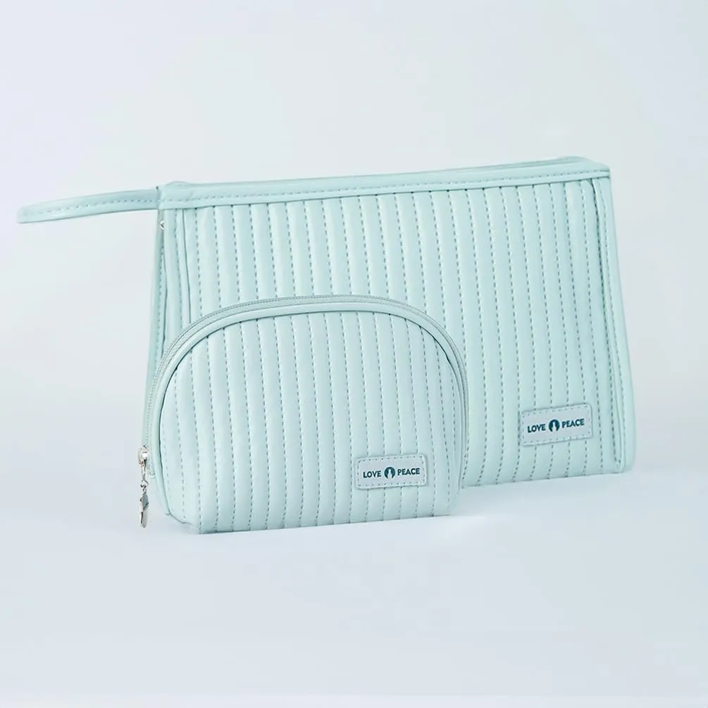 2 Pcs Makeup Bags, Mini Bag for Purse,Flat Bottom Makeup Pouch with Mesh Pockets for Travel, Minimalism Cosmetic Pouch (Light Blue)