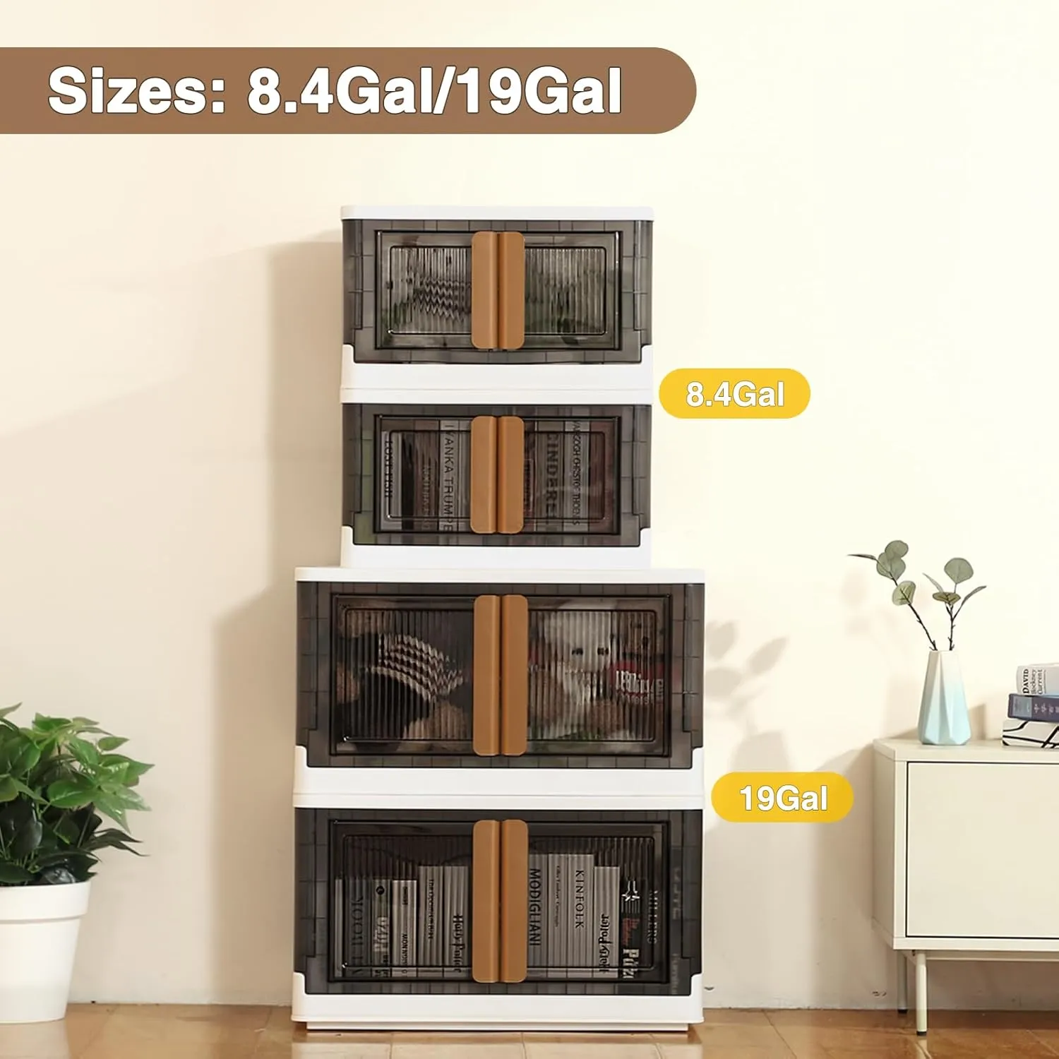 3Pack 300QT Total Plastic Storage Bins With Lids, 75Gal Total Stackable Containers With Wheels, Folding Closet Organizers, Collapsible Cabinet with Doors for Closet Home Dorm, V6 Brown