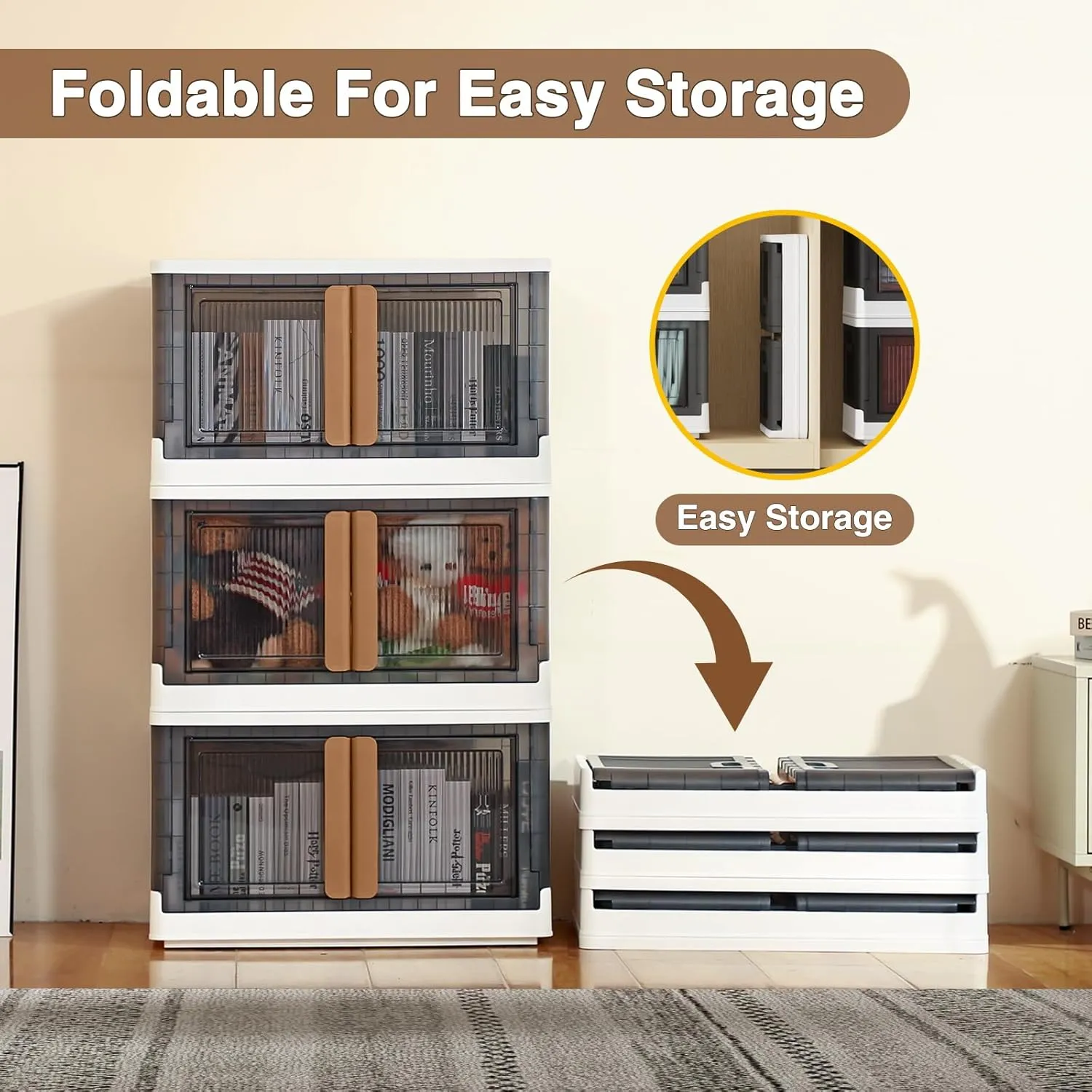 3Pack 300QT Total Plastic Storage Bins With Lids, 75Gal Total Stackable Containers With Wheels, Folding Closet Organizers, Collapsible Cabinet with Doors for Closet Home Dorm, V6 Brown