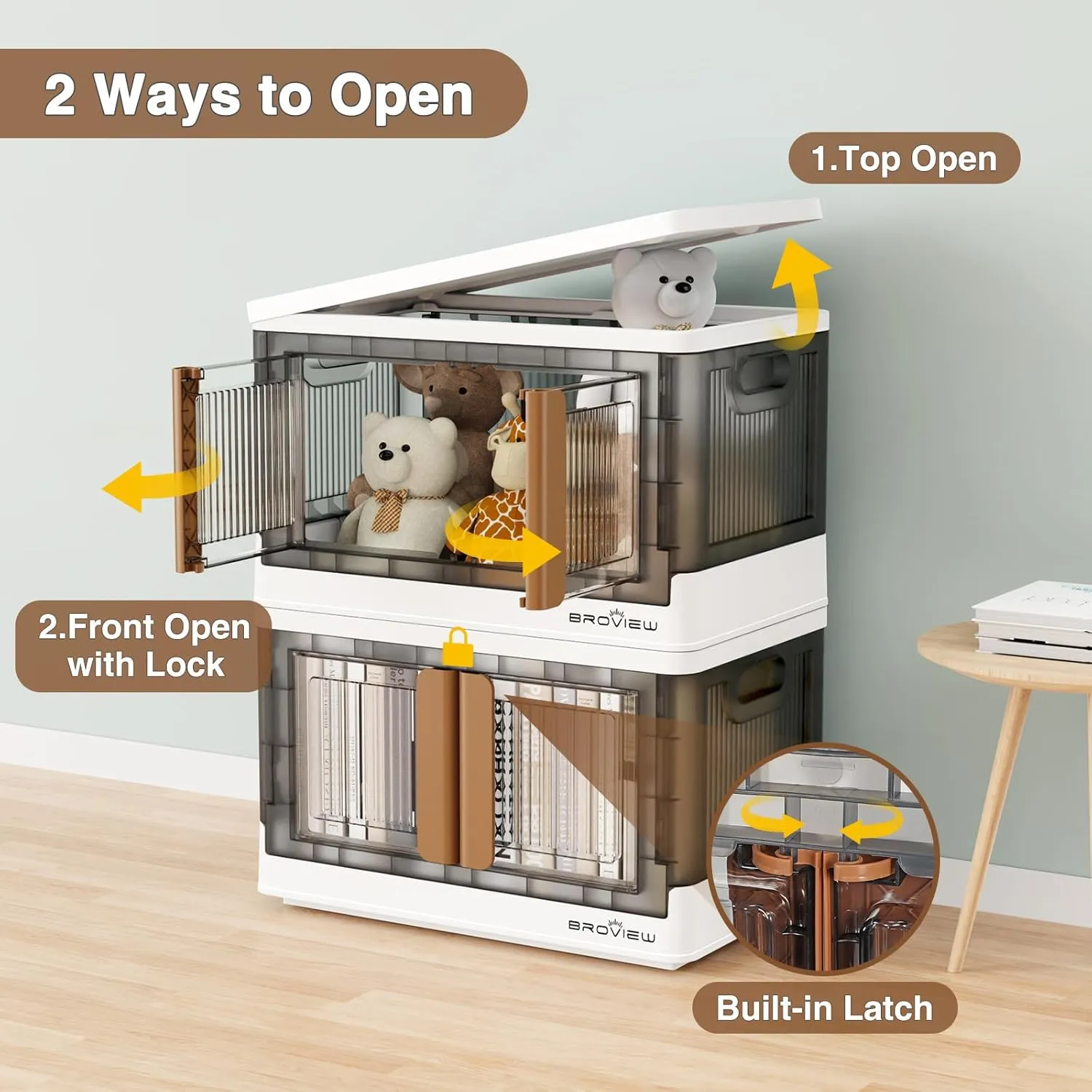 3Pack 300QT Total Plastic Storage Bins With Lids, 75Gal Total Stackable Containers With Wheels, Folding Closet Organizers, Collapsible Cabinet with Doors for Closet Home Dorm, V6 Brown