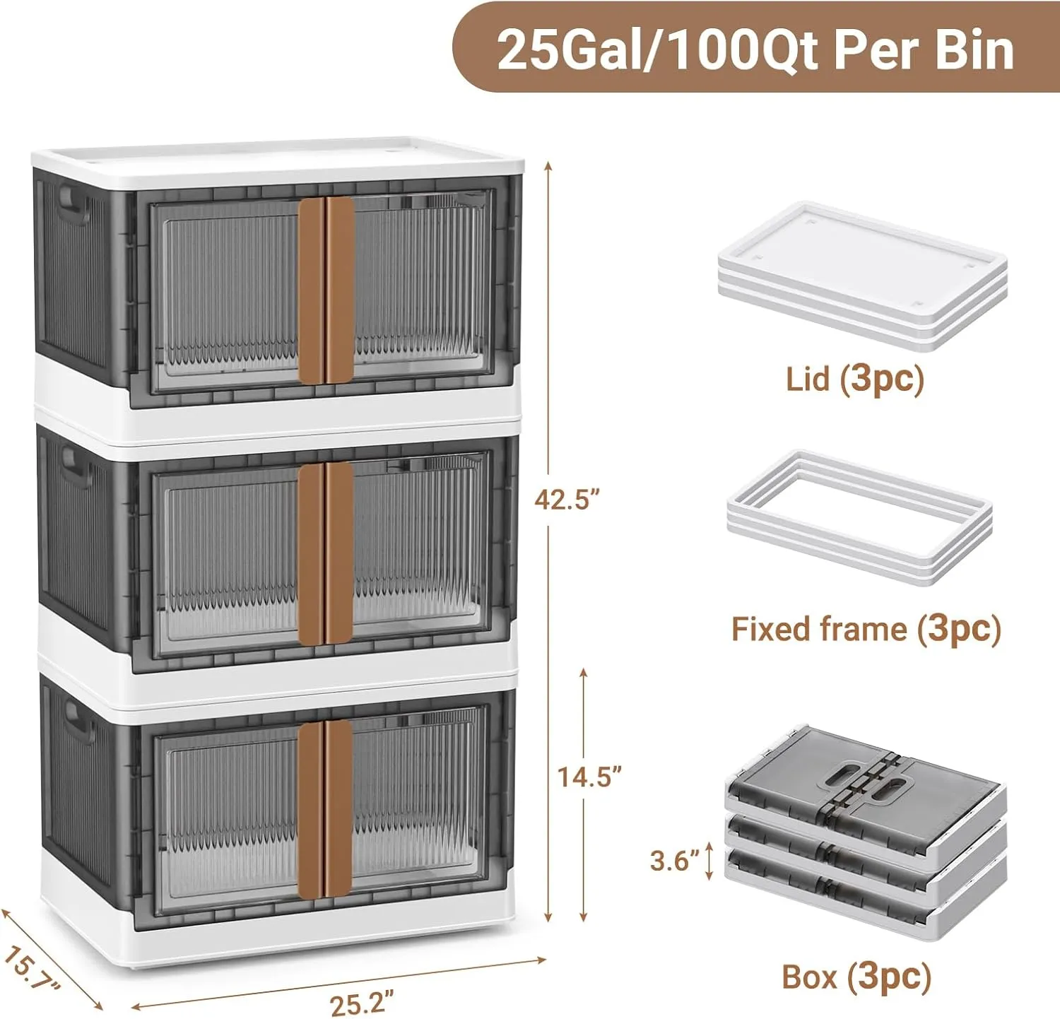 3Pack 300QT Total Plastic Storage Bins With Lids, 75Gal Total Stackable Containers With Wheels, Folding Closet Organizers, Collapsible Cabinet with Doors for Closet Home Dorm, V6 Brown