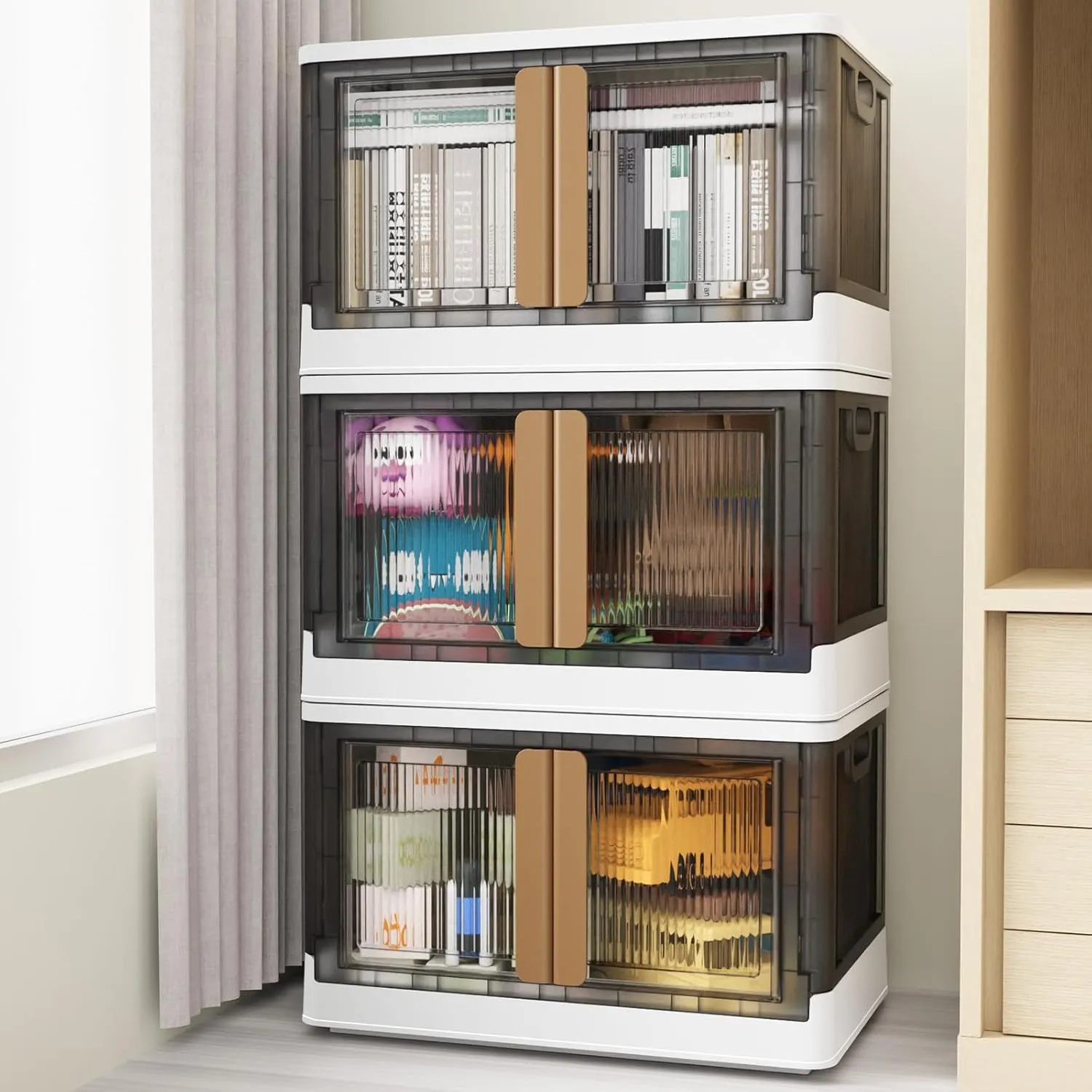 3Pack 300QT Total Plastic Storage Bins With Lids, 75Gal Total Stackable Containers With Wheels, Folding Closet Organizers, Collapsible Cabinet with Doors for Closet Home Dorm, V6 Brown