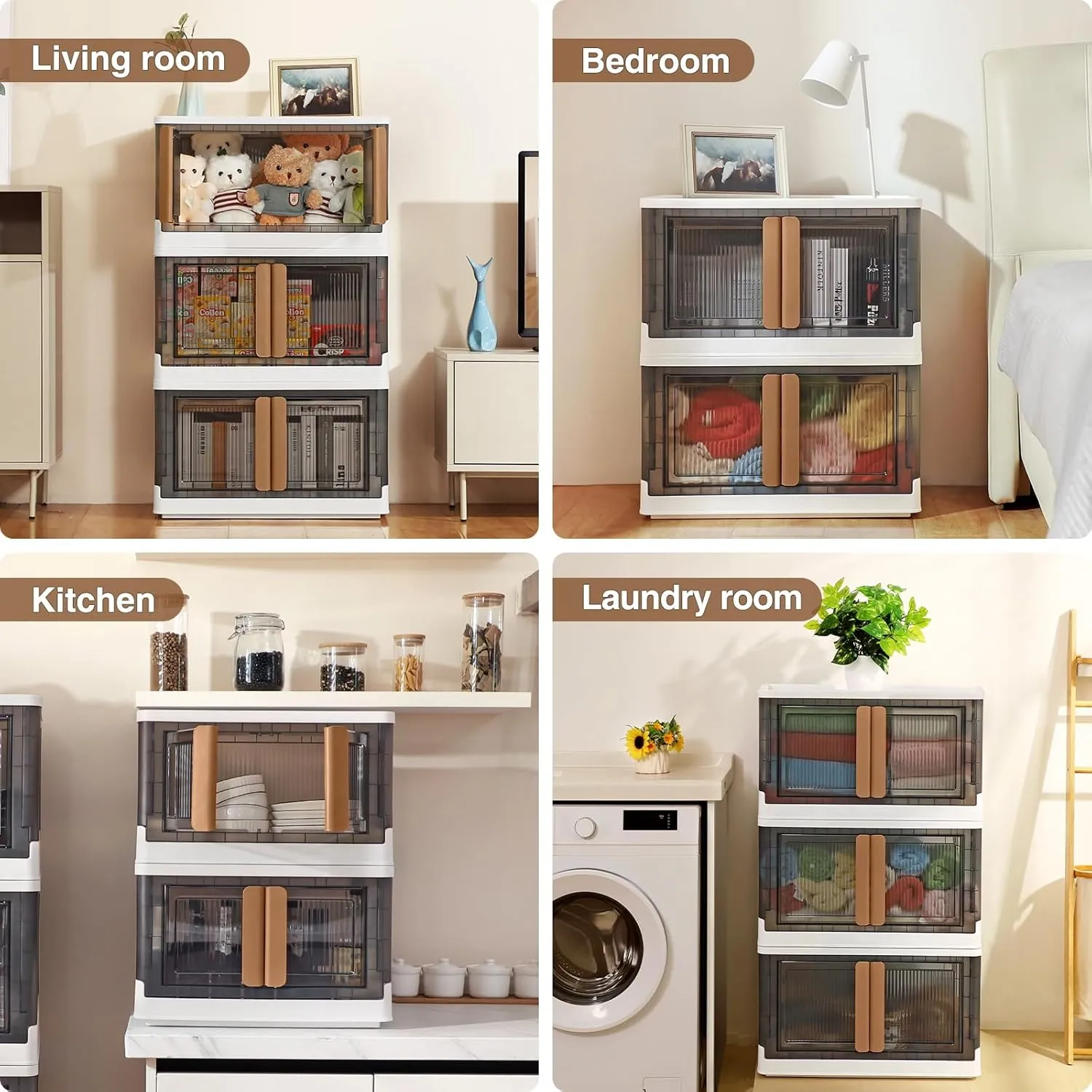 3Pack 300QT Total Plastic Storage Bins With Lids, 75Gal Total Stackable Containers With Wheels, Folding Closet Organizers, Collapsible Cabinet with Doors for Closet Home Dorm, V6 Brown