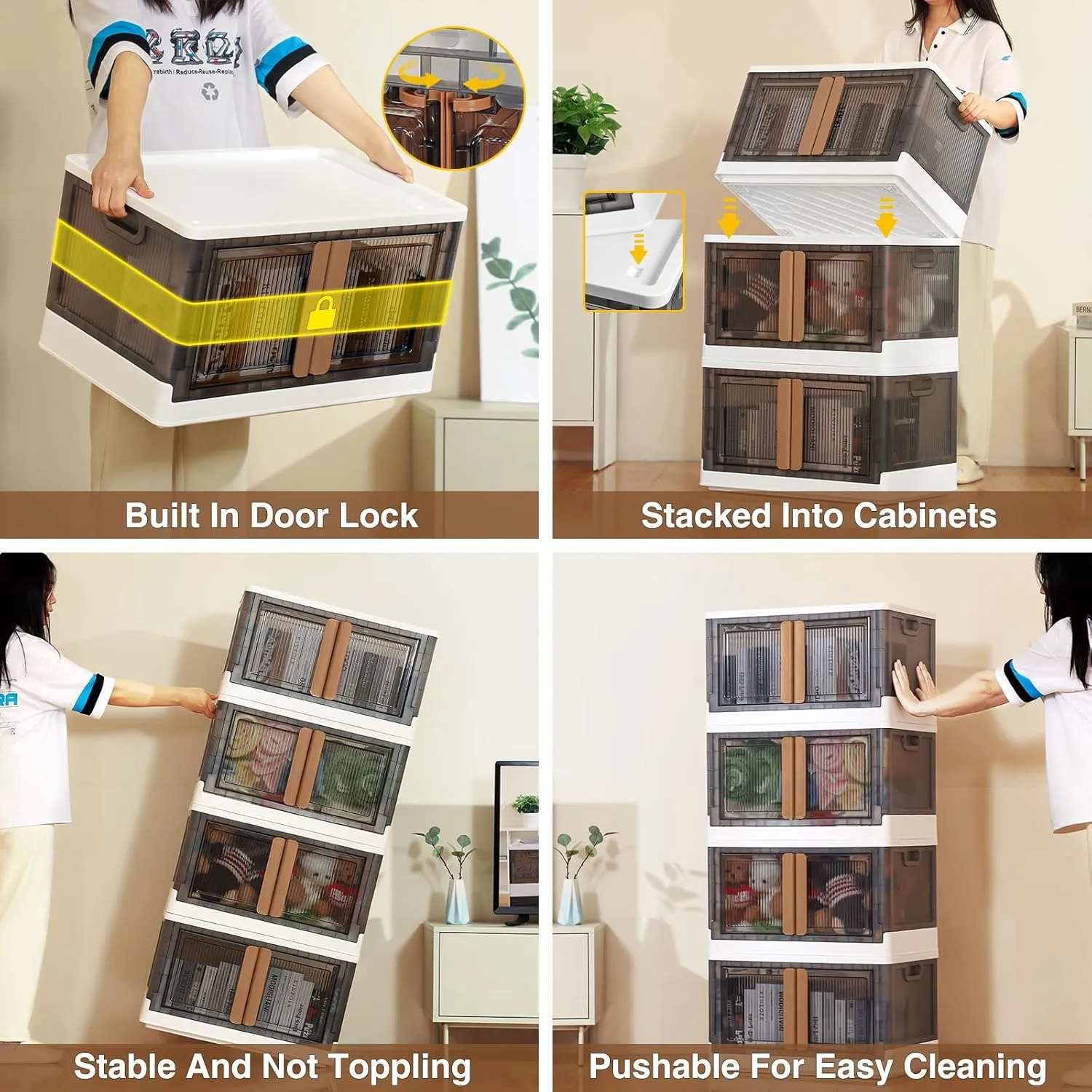 3Pack 300QT Total Plastic Storage Bins With Lids, 75Gal Total Stackable Containers With Wheels, Folding Closet Organizers, Collapsible Cabinet with Doors for Closet Home Dorm, V6 Brown