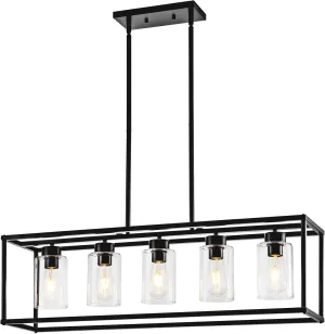 5 Light Dining Room Light Fixture Matte Black Farmhouse Chandelier Over Table Rectangular Kitchen Pendant Lighting Rectangle Modern Industrial Living Room Hanging Lights Adjustable Height