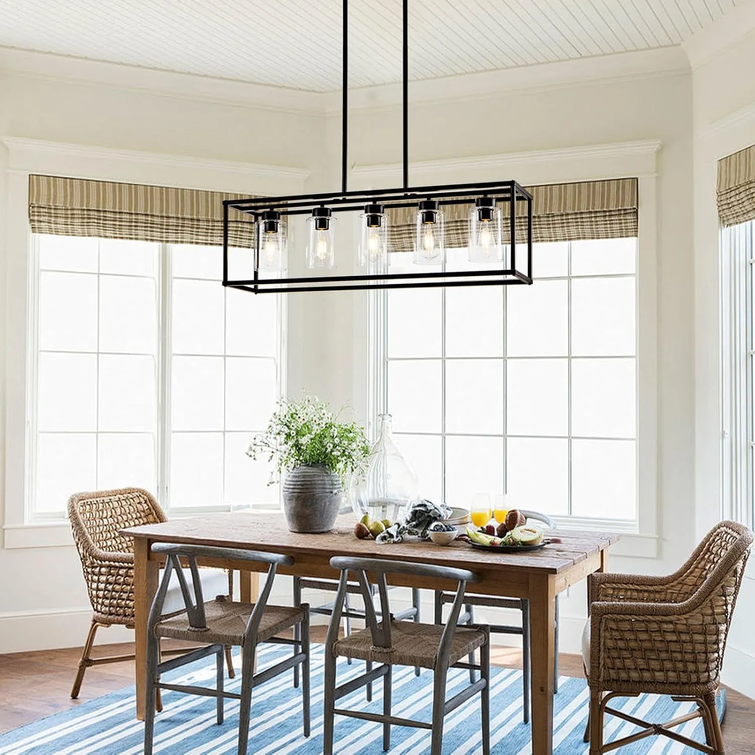5 Light Dining Room Light Fixture Matte Black Farmhouse Chandelier Over Table Rectangular Kitchen Pendant Lighting Rectangle Modern Industrial Living Room Hanging Lights Adjustable Height