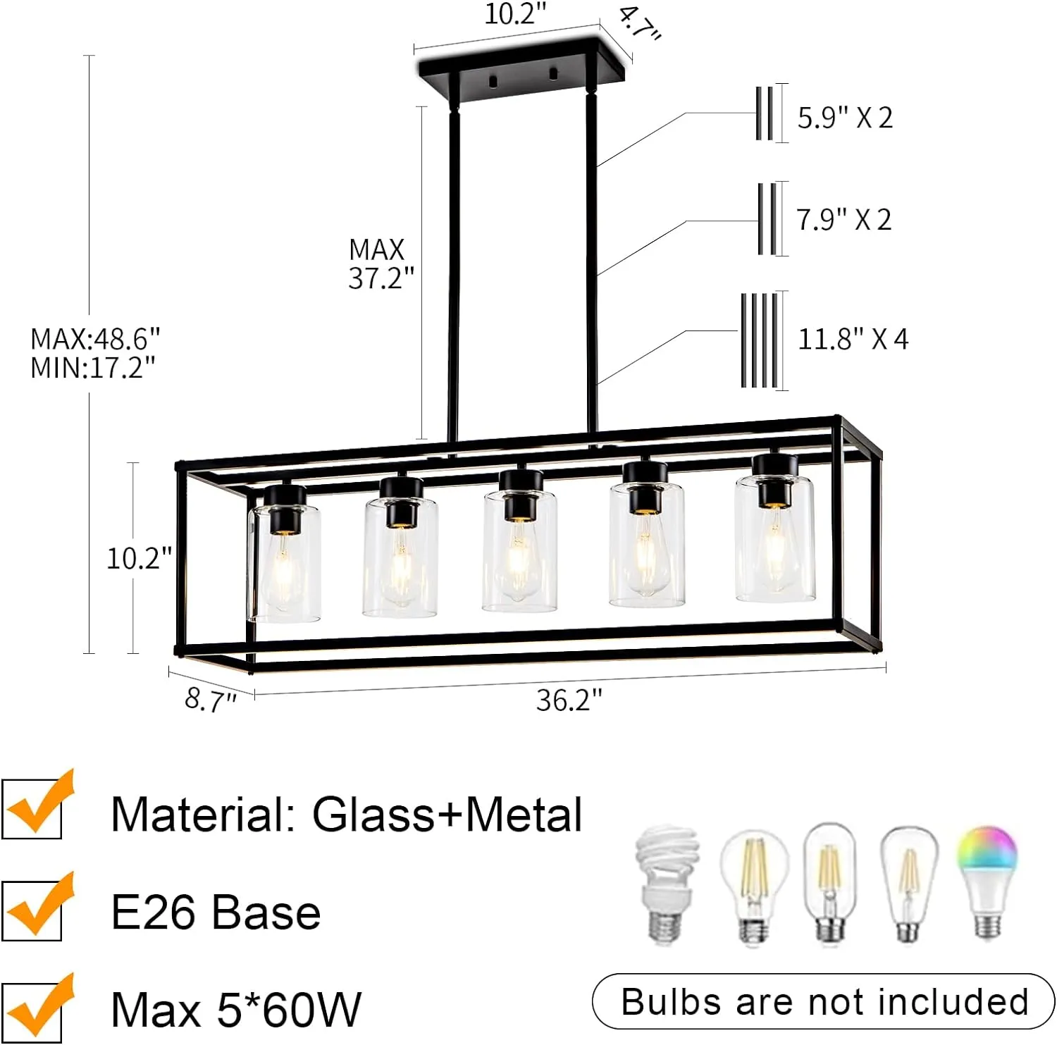 5 Light Dining Room Light Fixture Matte Black Farmhouse Chandelier Over Table Rectangular Kitchen Pendant Lighting Rectangle Modern Industrial Living Room Hanging Lights Adjustable Height
