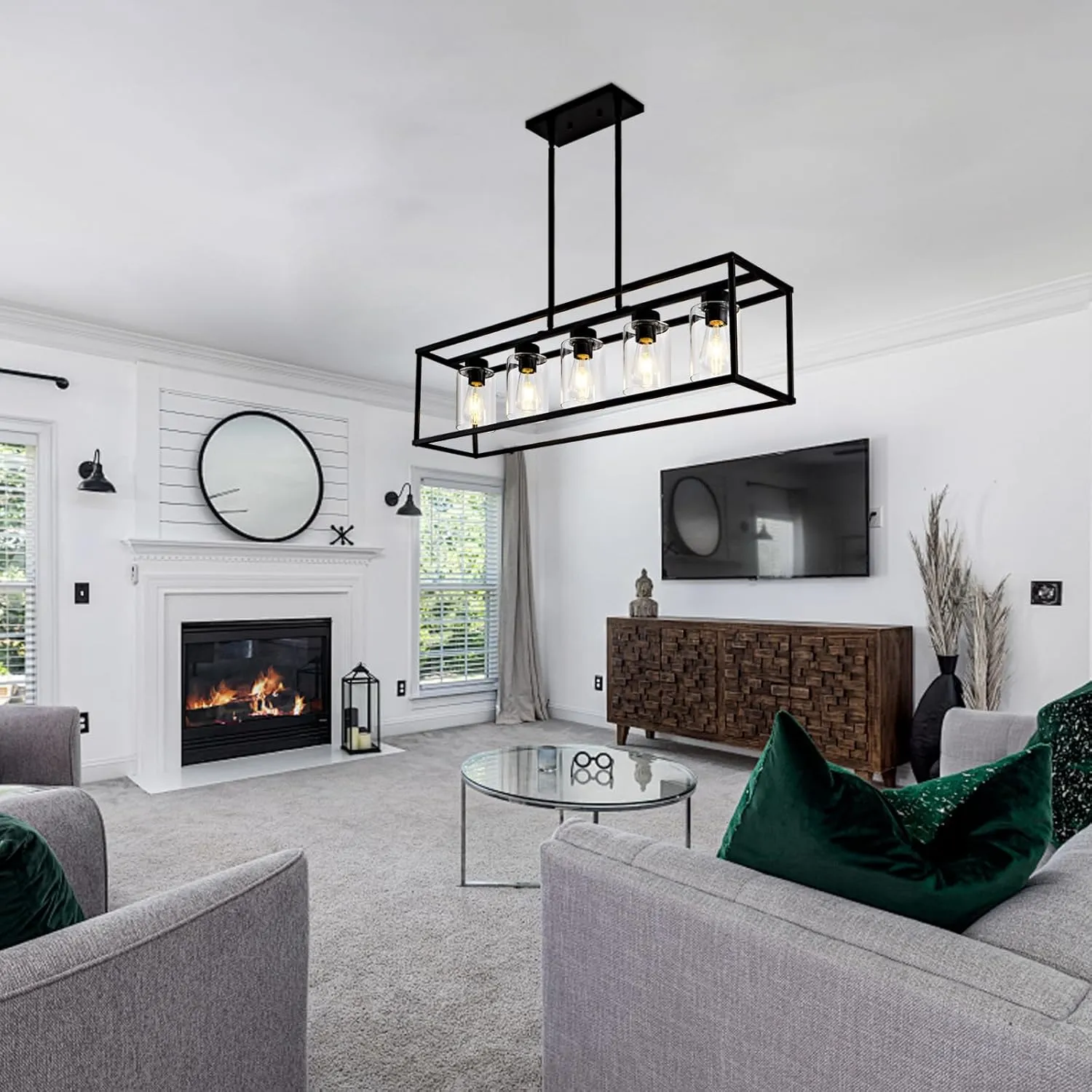 5 Light Dining Room Light Fixture Matte Black Farmhouse Chandelier Over Table Rectangular Kitchen Pendant Lighting Rectangle Modern Industrial Living Room Hanging Lights Adjustable Height