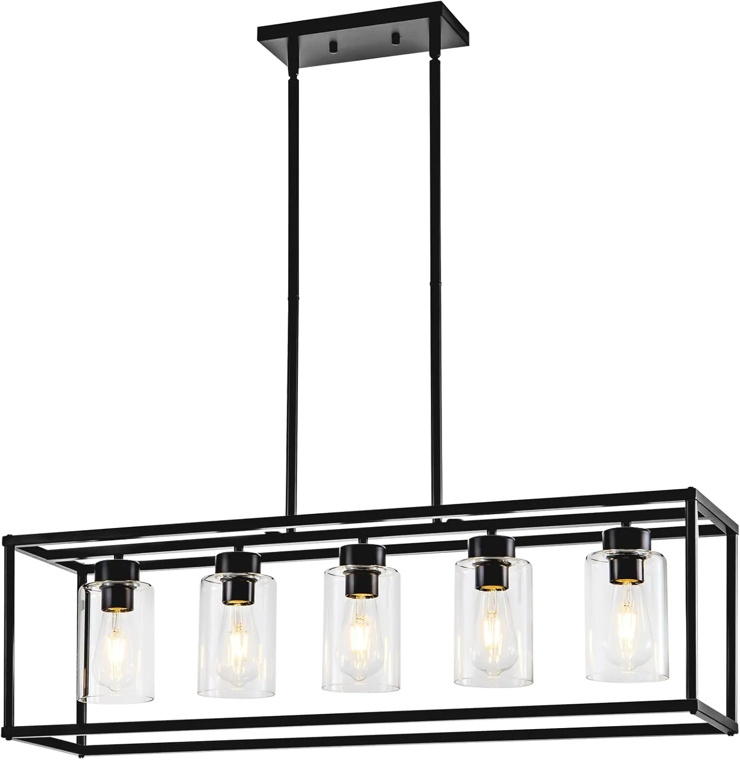 5 Light Dining Room Light Fixture Matte Black Farmhouse Chandelier Over Table Rectangular Kitchen Pendant Lighting Rectangle Modern Industrial Living Room Hanging Lights Adjustable Height