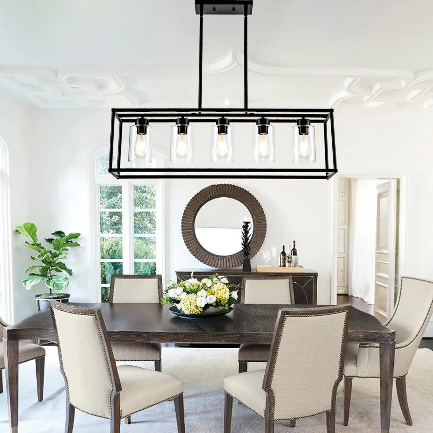 5 Light Dining Room Light Fixture Matte Black Farmhouse Chandelier Over Table Rectangular Kitchen Pendant Lighting Rectangle Modern Industrial Living Room Hanging Lights Adjustable Height