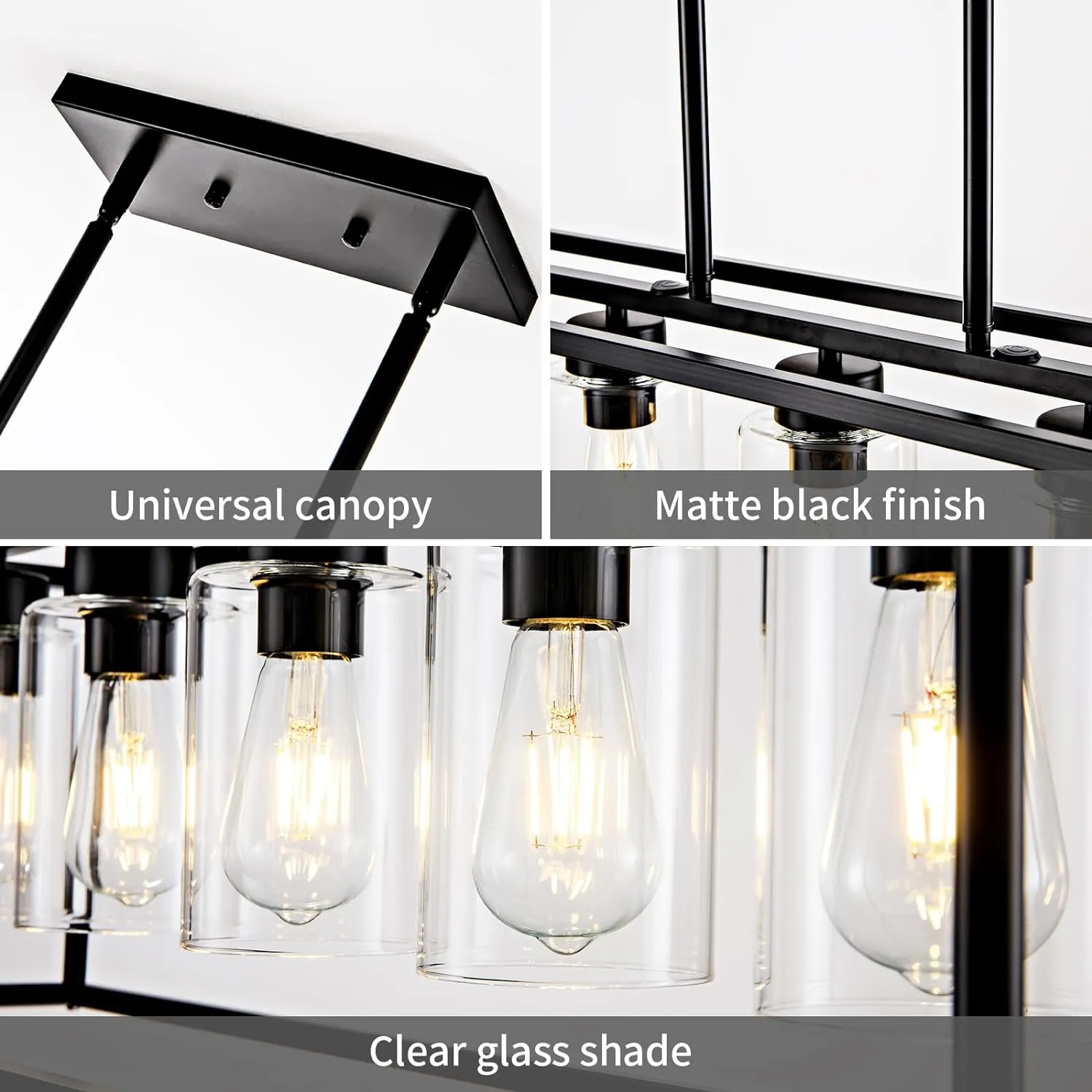 5 Light Dining Room Light Fixture Matte Black Farmhouse Chandelier Over Table Rectangular Kitchen Pendant Lighting Rectangle Modern Industrial Living Room Hanging Lights Adjustable Height