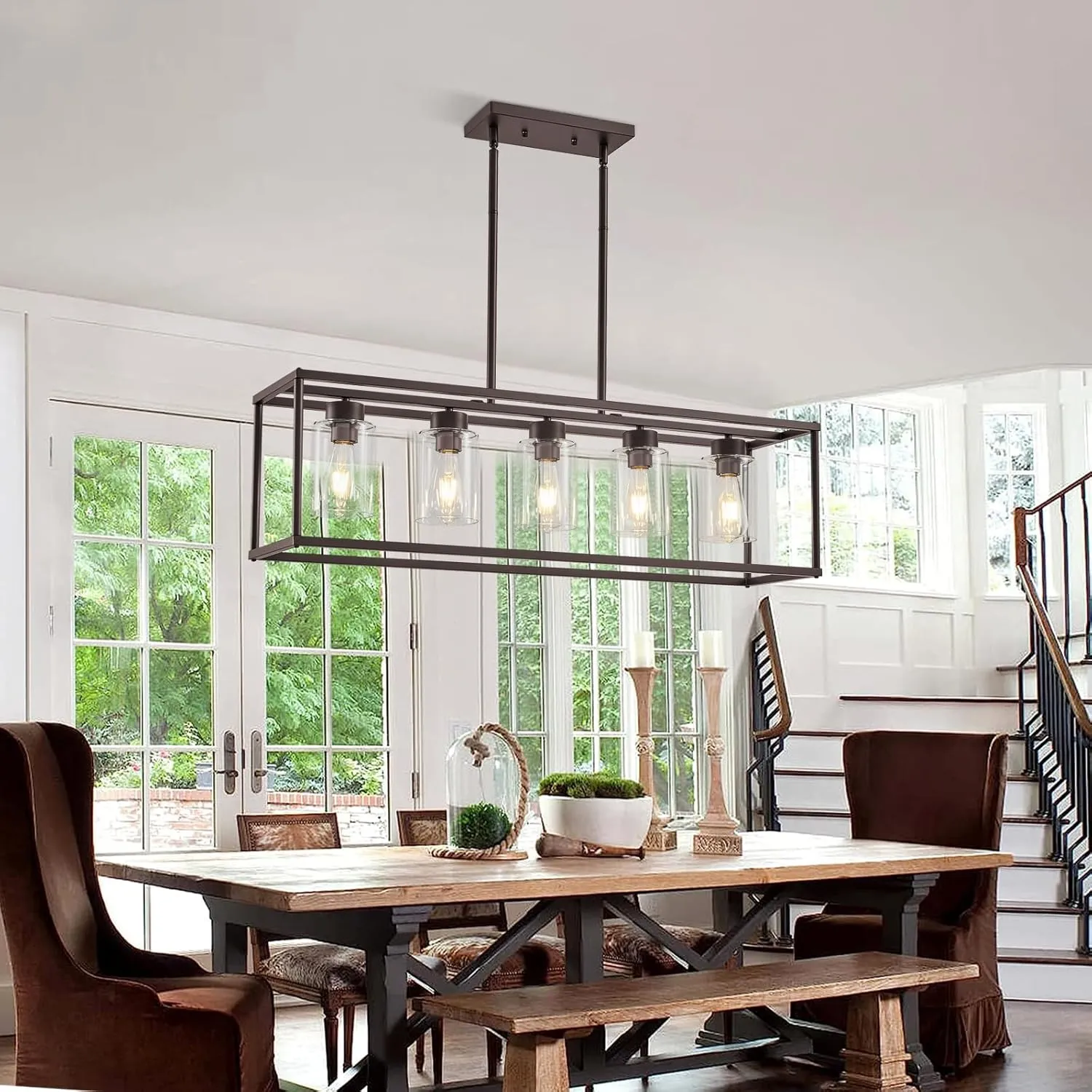 5 Light Oil Rubbed Bronze Dining Room Light Fixture Modern Farmhouse Chandelier Over Table Rectangle Kitchen Island Pendant Lighting Linear Chandelier Living Room Hanging Light Adjustable Height