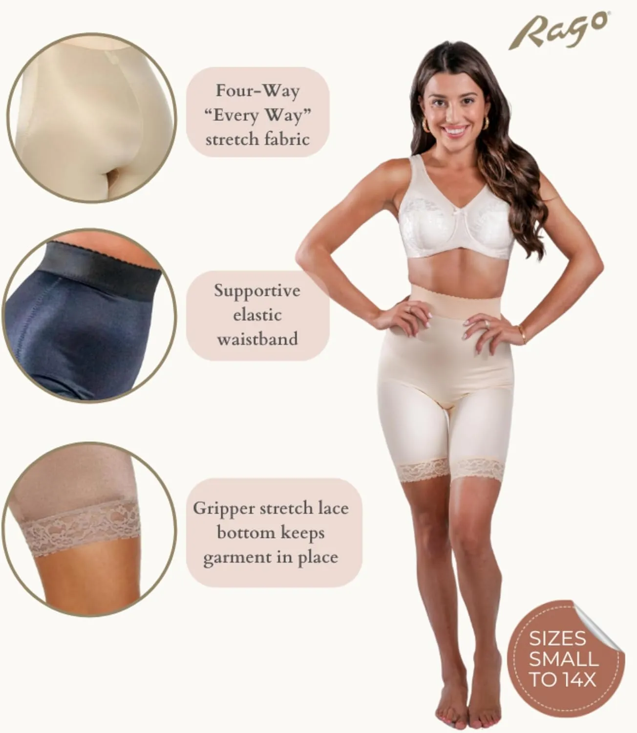 518 High Waist Leg Shaper | Made in USA| Size XS-14X| Light Control | No-Roll Lace Hem
