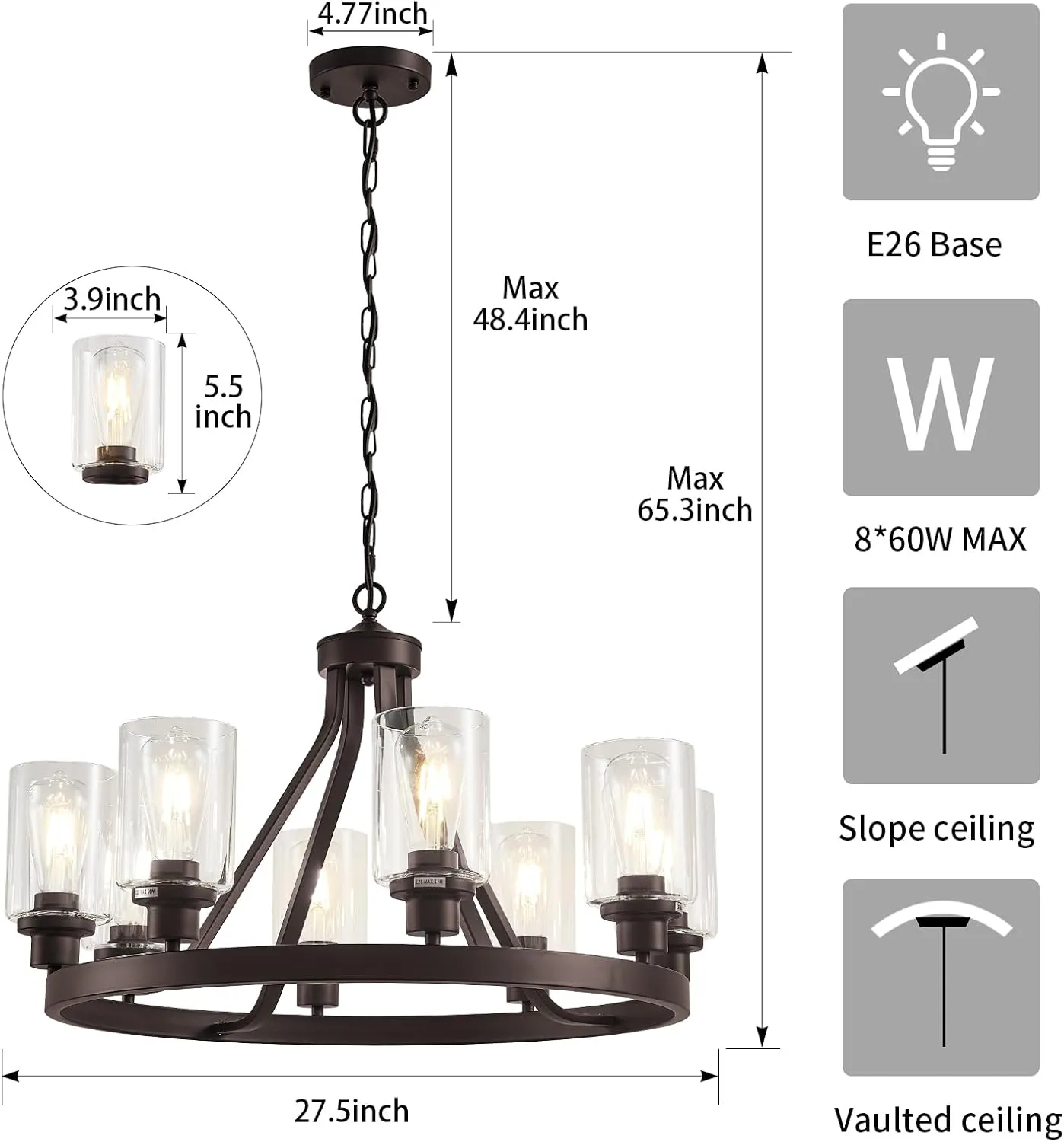 8-Light Farmhose Chandelier for Dining Room Light Fixture Oil Rubbed Bronze Kitchen Pendant Light Round Rustic Ceiling Hanging Lighting with Glass Globes Adjustable Height Metal E26