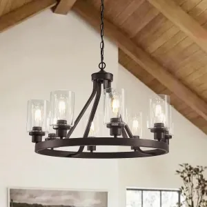 8-Light Farmhose Chandelier for Dining Room Light Fixture Oil Rubbed Bronze Kitchen Pendant Light Round Rustic Ceiling Hanging Lighting with Glass Globes Adjustable Height Metal E26
