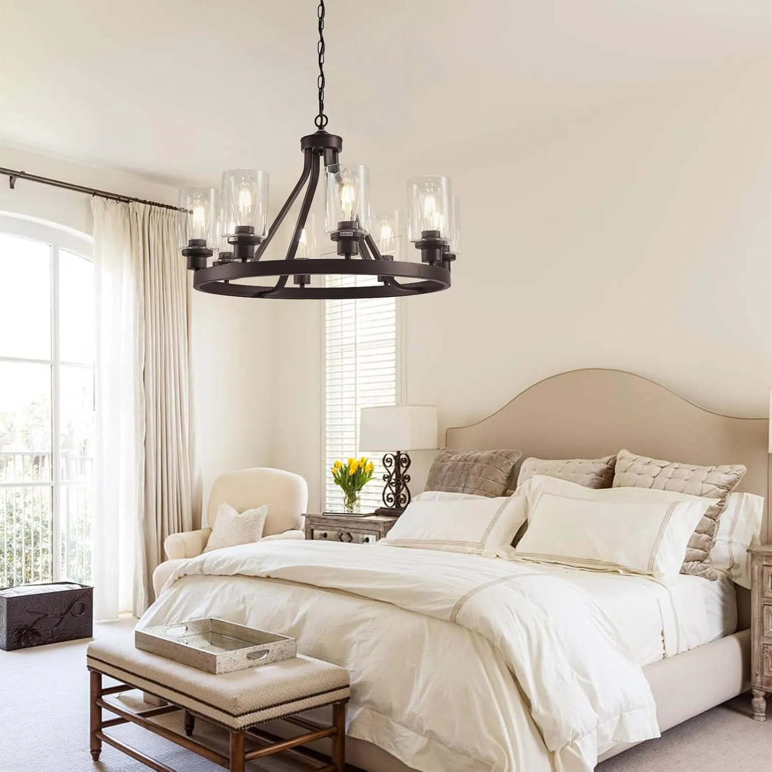 8-Light Farmhose Chandelier for Dining Room Light Fixture Oil Rubbed Bronze Kitchen Pendant Light Round Rustic Ceiling Hanging Lighting with Glass Globes Adjustable Height Metal E26