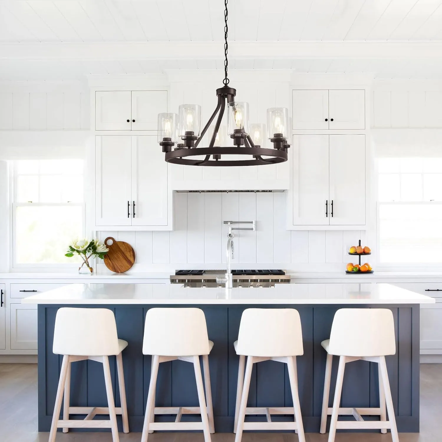 8-Light Farmhose Chandelier for Dining Room Light Fixture Oil Rubbed Bronze Kitchen Pendant Light Round Rustic Ceiling Hanging Lighting with Glass Globes Adjustable Height Metal E26