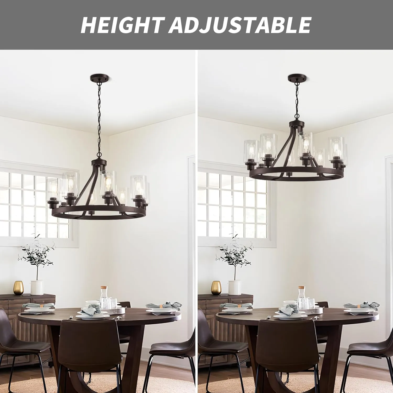 8-Light Farmhose Chandelier for Dining Room Light Fixture Oil Rubbed Bronze Kitchen Pendant Light Round Rustic Ceiling Hanging Lighting with Glass Globes Adjustable Height Metal E26