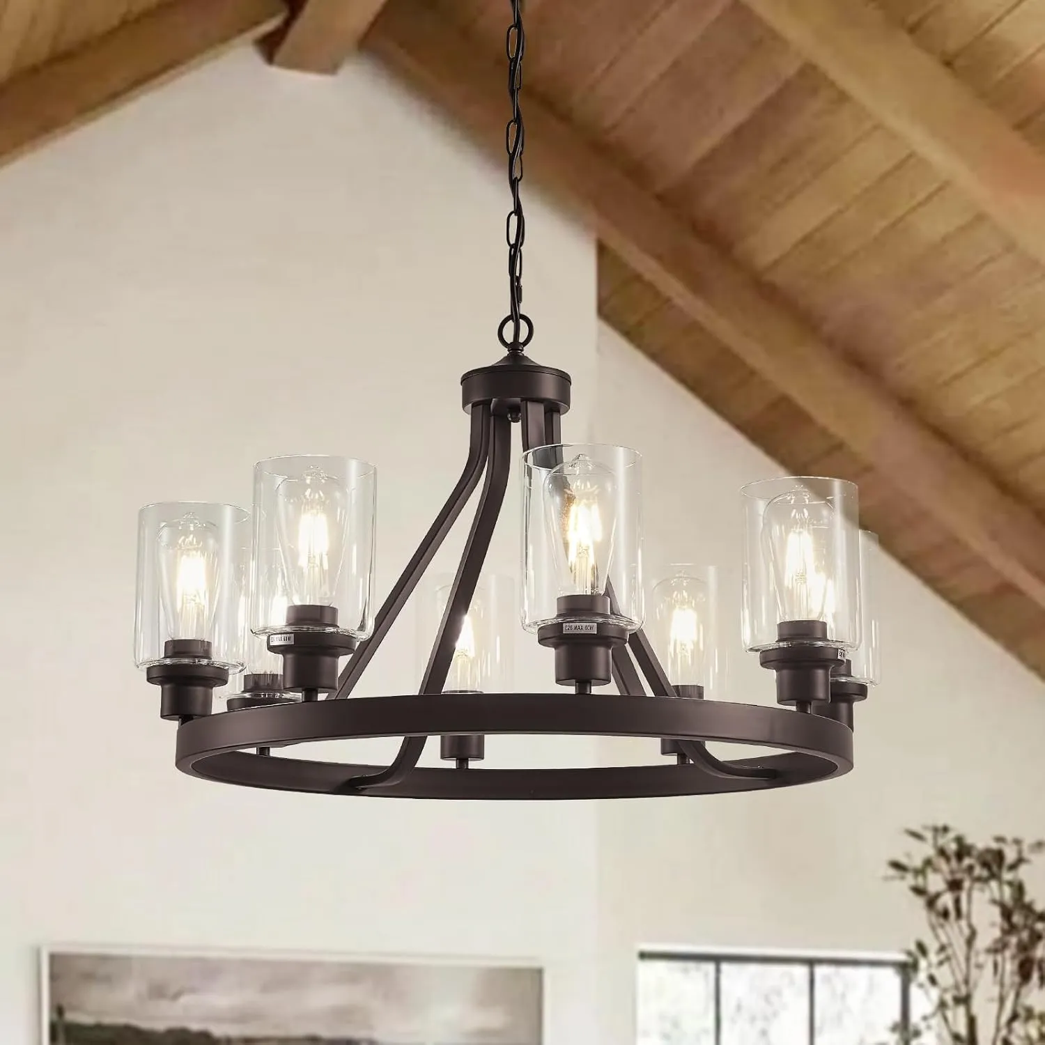 8-Light Farmhose Chandelier for Dining Room Light Fixture Oil Rubbed Bronze Kitchen Pendant Light Round Rustic Ceiling Hanging Lighting with Glass Globes Adjustable Height Metal E26
