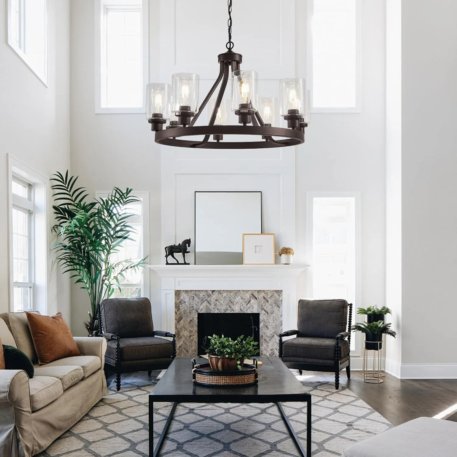 8-Light Farmhose Chandelier for Dining Room Light Fixture Oil Rubbed Bronze Kitchen Pendant Light Round Rustic Ceiling Hanging Lighting with Glass Globes Adjustable Height Metal E26