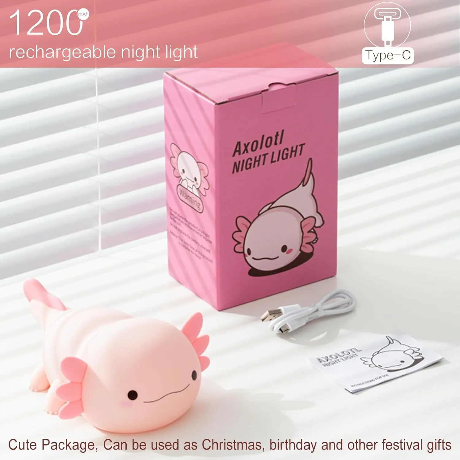 Axolotl Night Light, Cute Axolotl Lamp Kids Pink Gifts, Rechargeable Kawaii Room Decor, Axolotl Light Squishy Animal Toys, Dimmable Silicone LED Nightlight, Boys Girls College Dorm Stuff