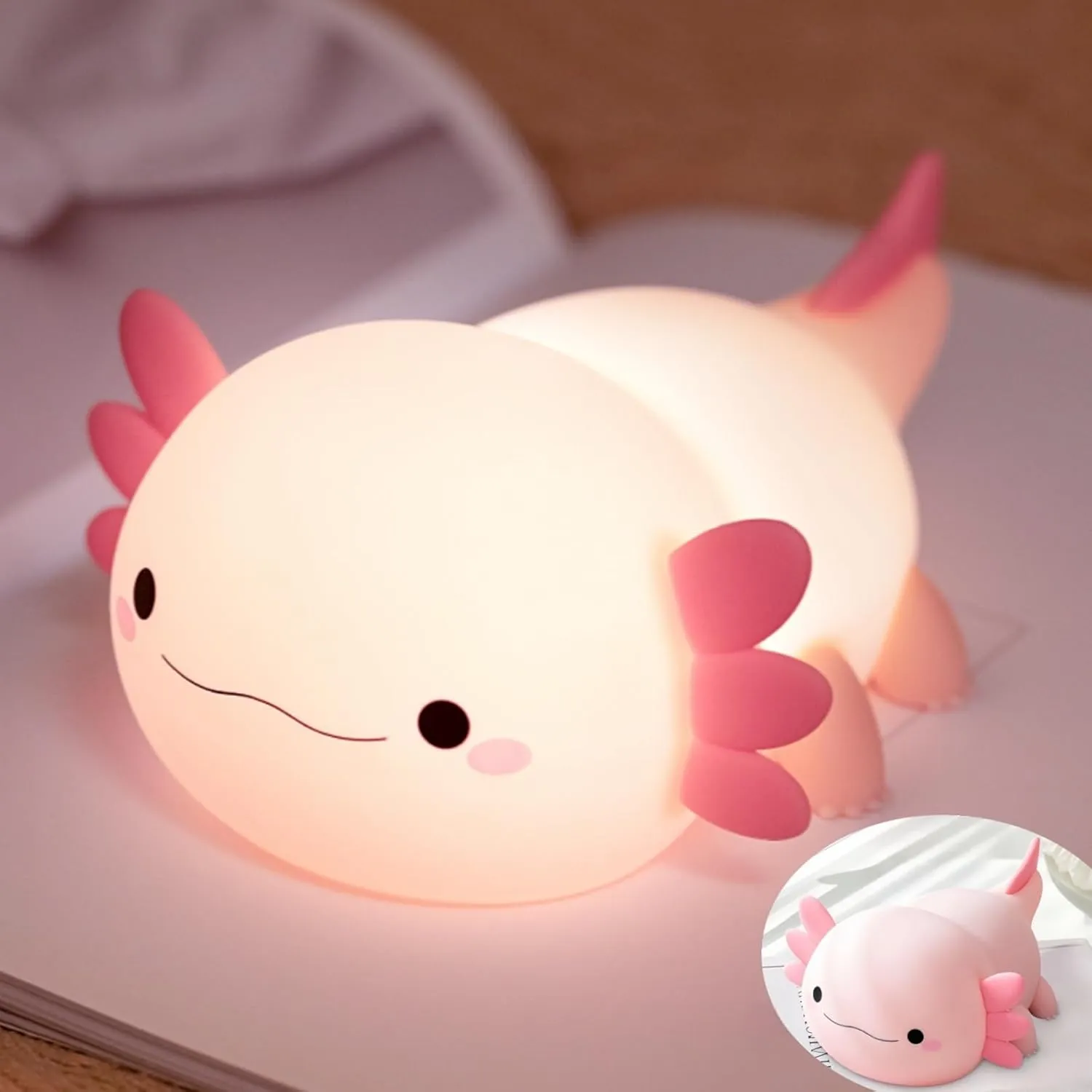 Axolotl Night Light, Cute Axolotl Lamp Kids Pink Gifts, Rechargeable Kawaii Room Decor, Axolotl Light Squishy Animal Toys, Dimmable Silicone LED Nightlight, Boys Girls College Dorm Stuff