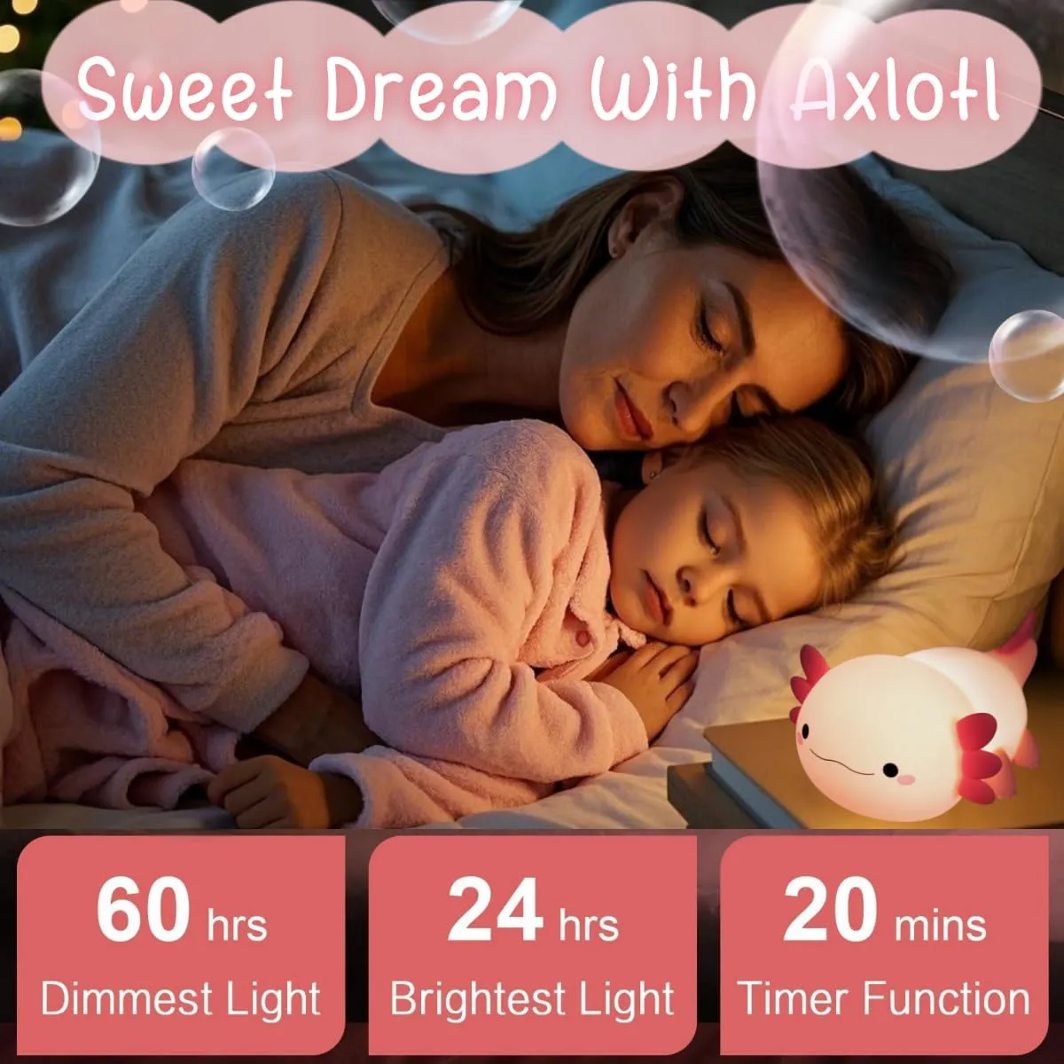 Axolotl Night Light, Cute Axolotl Lamp Kids Pink Gifts, Rechargeable Kawaii Room Decor, Axolotl Light Squishy Animal Toys, Dimmable Silicone LED Nightlight, Boys Girls College Dorm Stuff