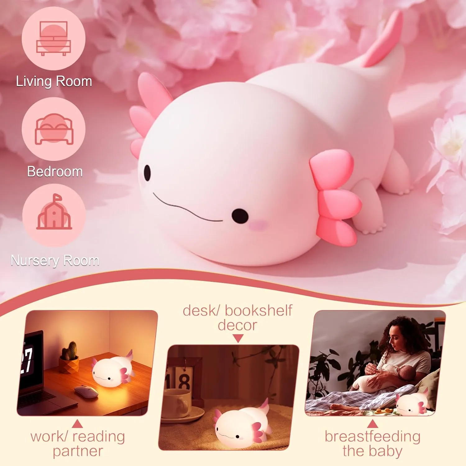 Axolotl Night Light, Cute Axolotl Lamp Kids Pink Gifts, Rechargeable Kawaii Room Decor, Axolotl Light Squishy Animal Toys, Dimmable Silicone LED Nightlight, Boys Girls College Dorm Stuff