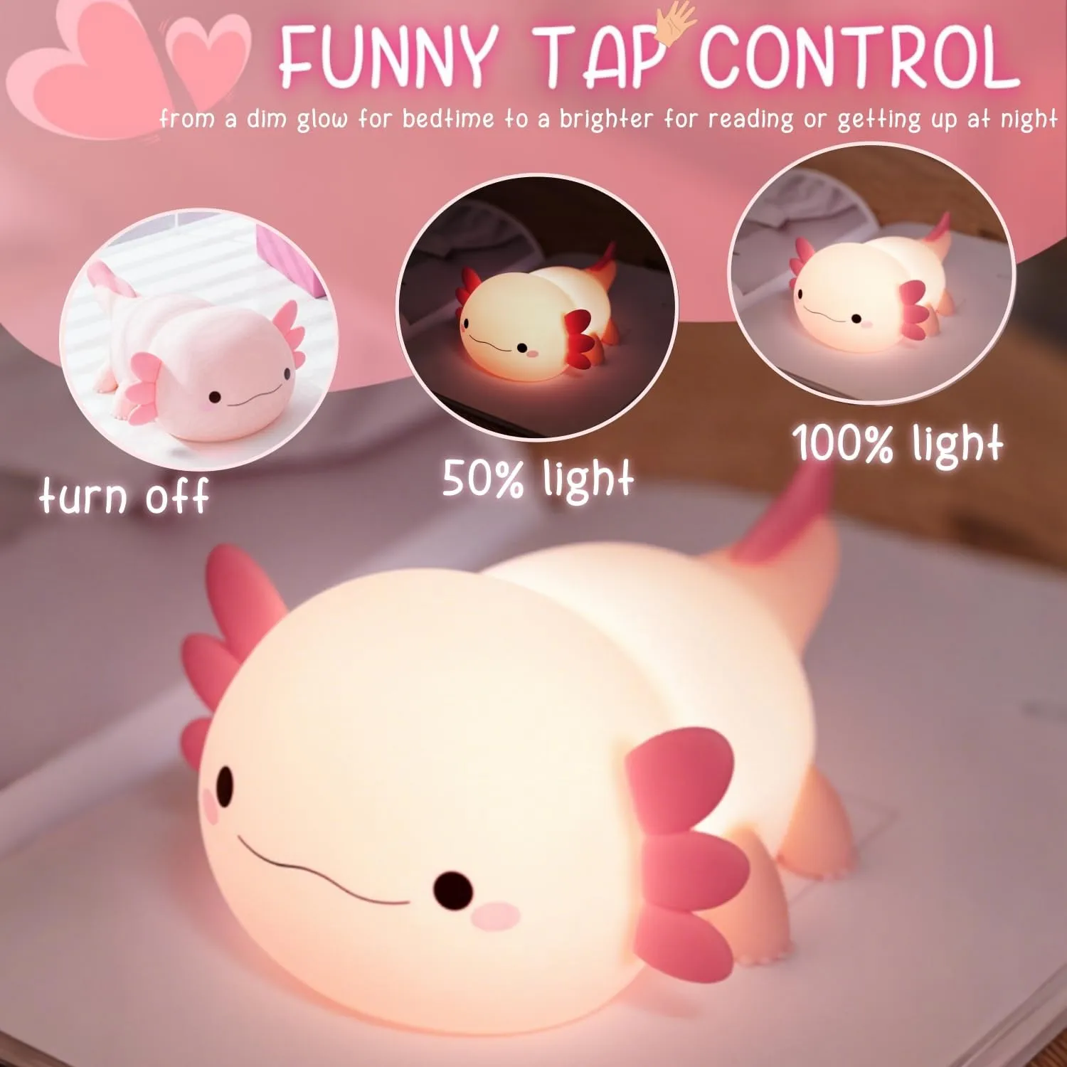 Axolotl Night Light, Cute Axolotl Lamp Kids Pink Gifts, Rechargeable Kawaii Room Decor, Axolotl Light Squishy Animal Toys, Dimmable Silicone LED Nightlight, Boys Girls College Dorm Stuff