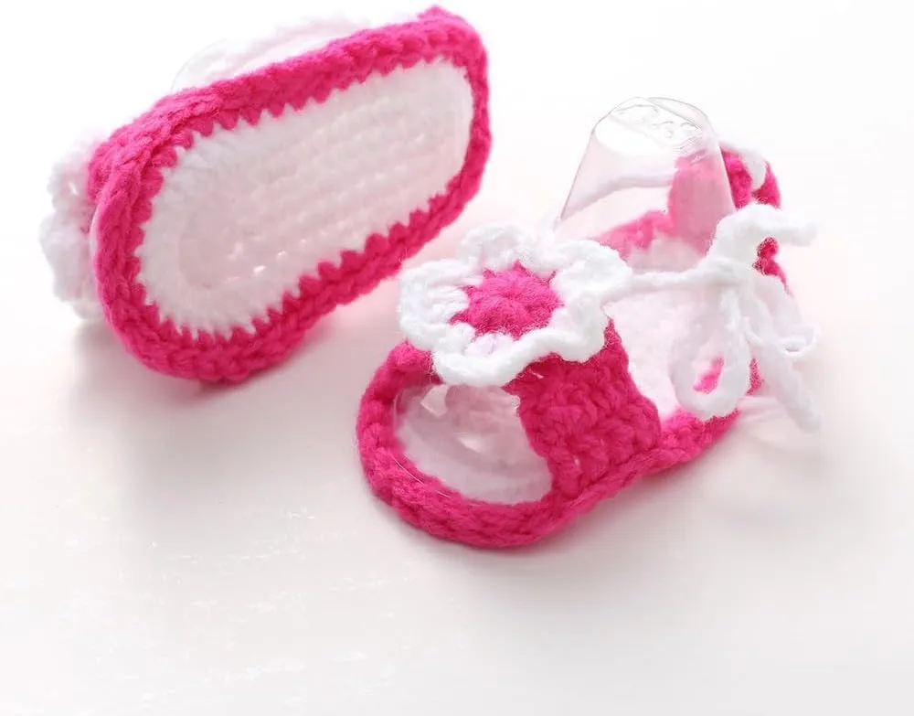 Baby Girl Crochet Knit Mary Jane Flats, Newborn Infant First Walking Shoes, Bowknot Floral, Soft Cozy