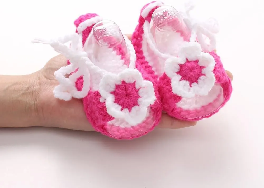 Baby Girl Crochet Knit Mary Jane Flats, Newborn Infant First Walking Shoes, Bowknot Floral, Soft Cozy