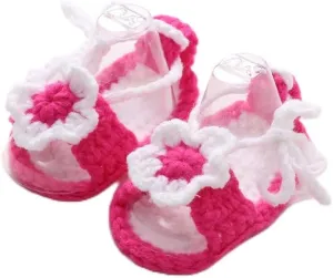 Baby Girl Crochet Knit Mary Jane Flats, Newborn Infant First Walking Shoes, Bowknot Floral, Soft Cozy