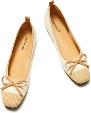 Ballet Flats for Women | Knit Square Toe Slip on Flats | Two-Tone Bowknot Shoes