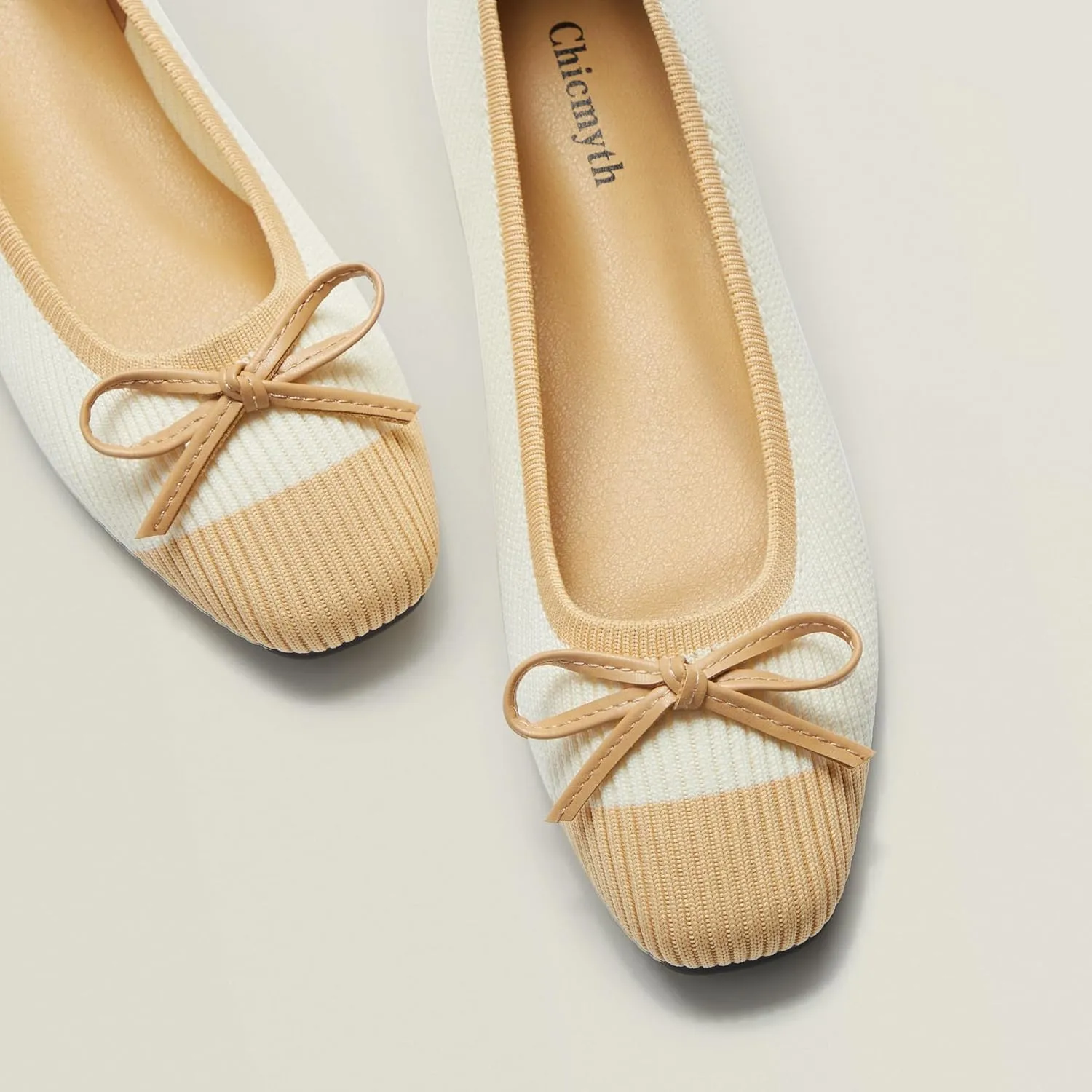 Ballet Flats for Women | Knit Square Toe Slip on Flats | Two-Tone Bowknot Shoes