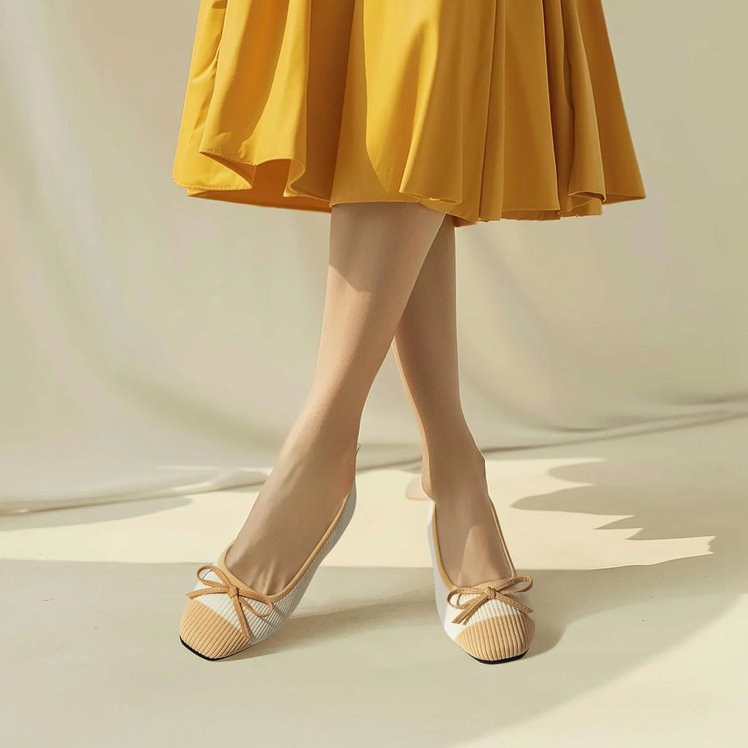 Ballet Flats for Women | Knit Square Toe Slip on Flats | Two-Tone Bowknot Shoes