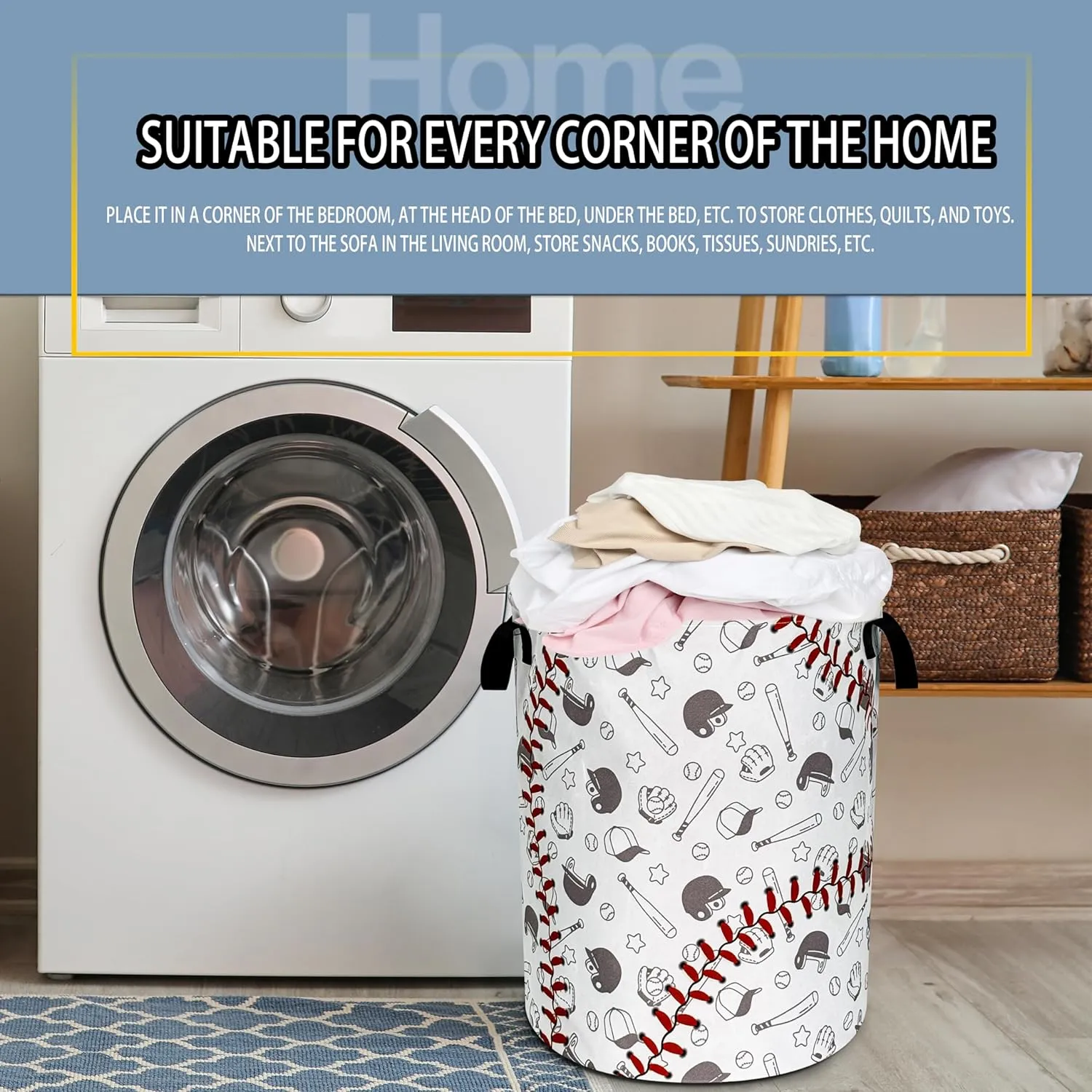 Baseball Laundry Basket Texture Pattern Foldable Oxford Cloth Funny Tote Bag Laundry Hamper Clothes Storage Bucket Organizer For Bathroom/Laundry Storage/Bedroom 18.9x16.5 Inch