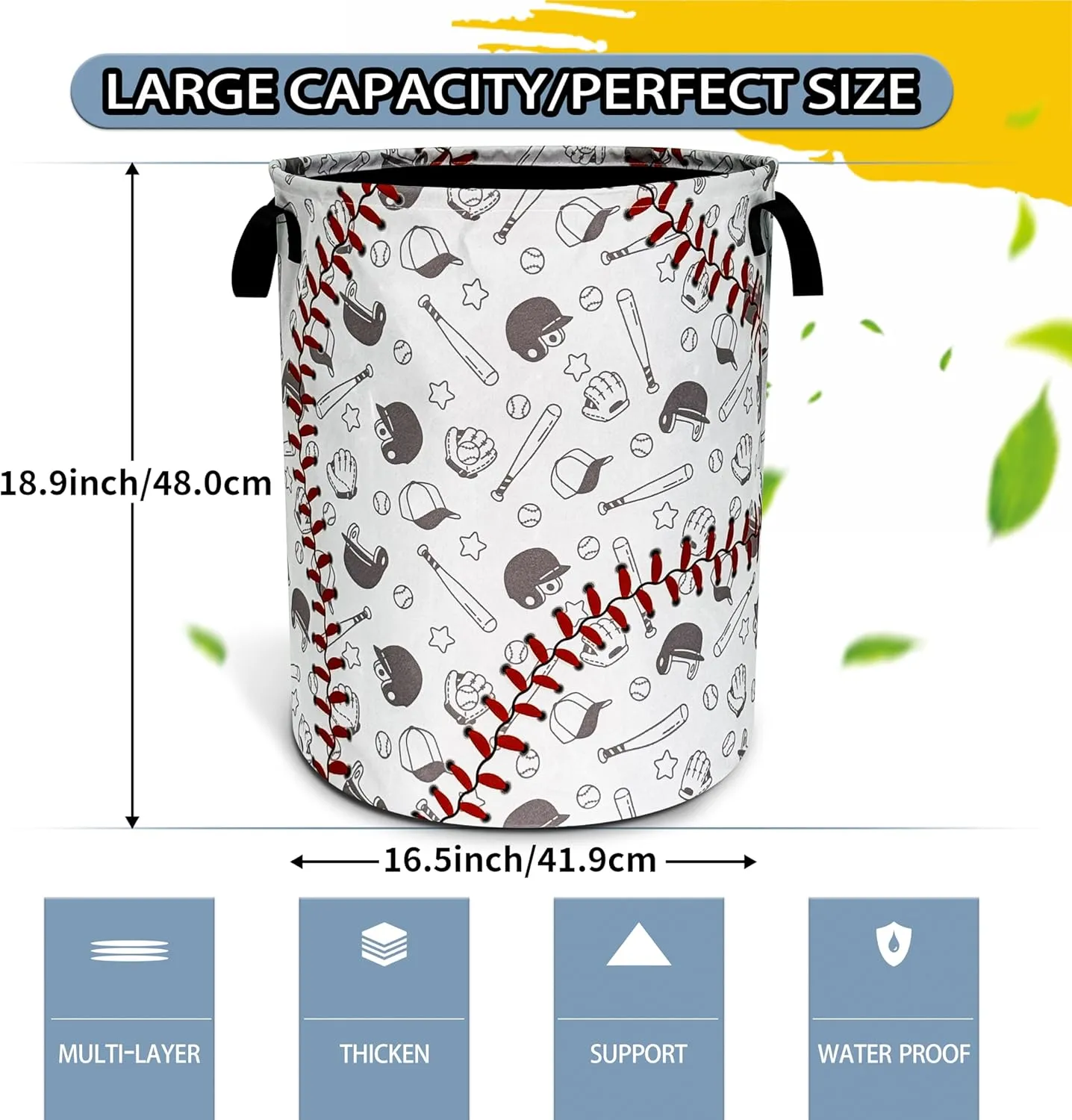 Baseball Laundry Basket Texture Pattern Foldable Oxford Cloth Funny Tote Bag Laundry Hamper Clothes Storage Bucket Organizer For Bathroom/Laundry Storage/Bedroom 18.9x16.5 Inch