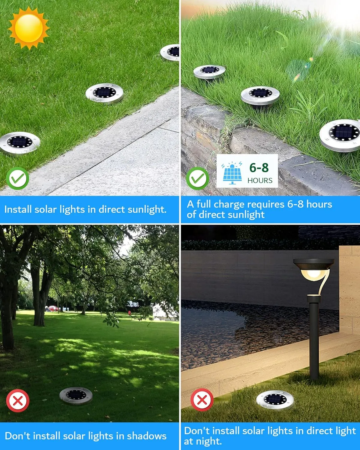 Biling Solar Outdoor Lights 12 Pack - 12 LED Flat Pathway Lights, Waterproof, Solar Powered for Yard Walkway Garden Driveway (Warm White)