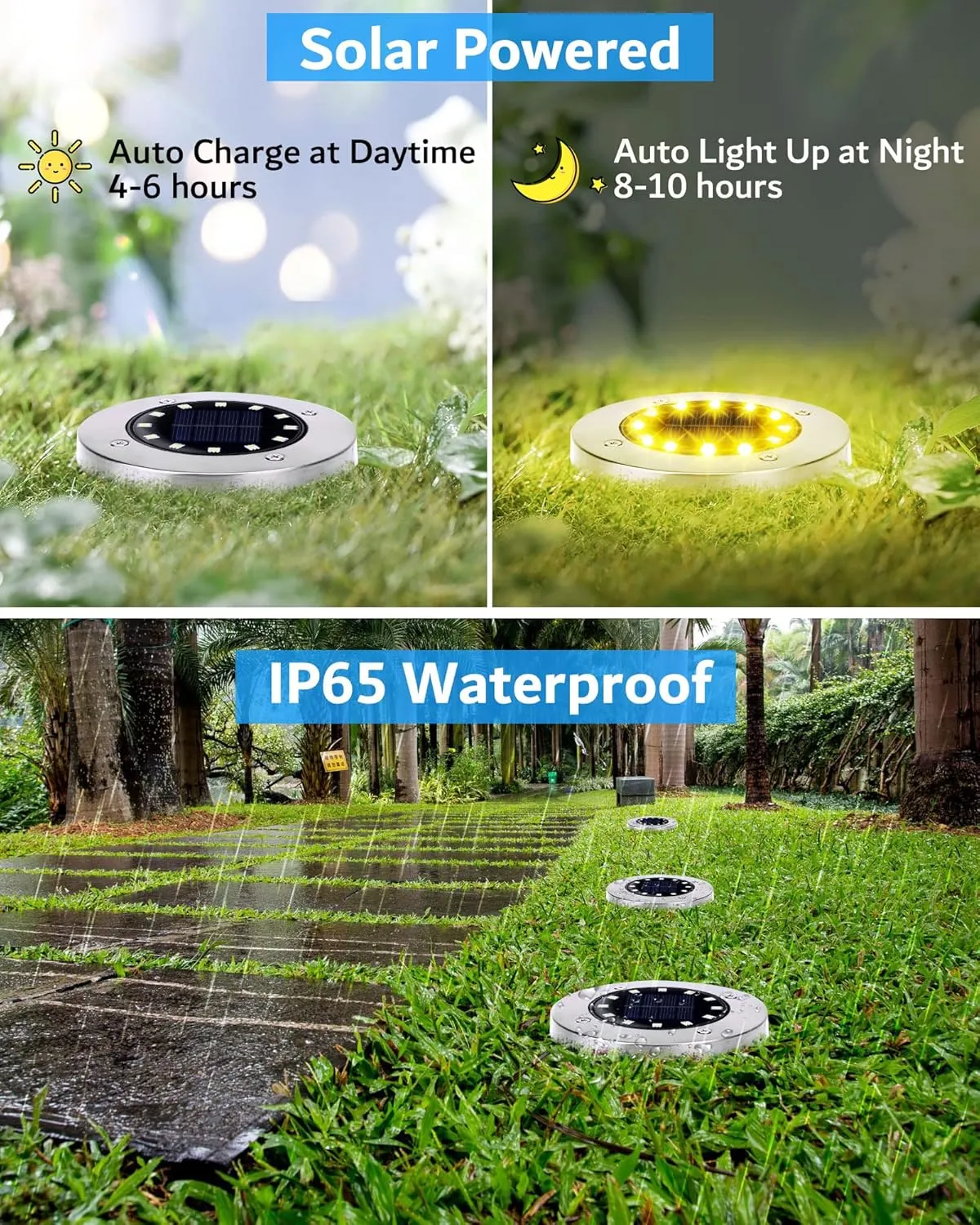 Biling Solar Outdoor Lights 12 Pack - 12 LED Flat Pathway Lights, Waterproof, Solar Powered for Yard Walkway Garden Driveway (Warm White)