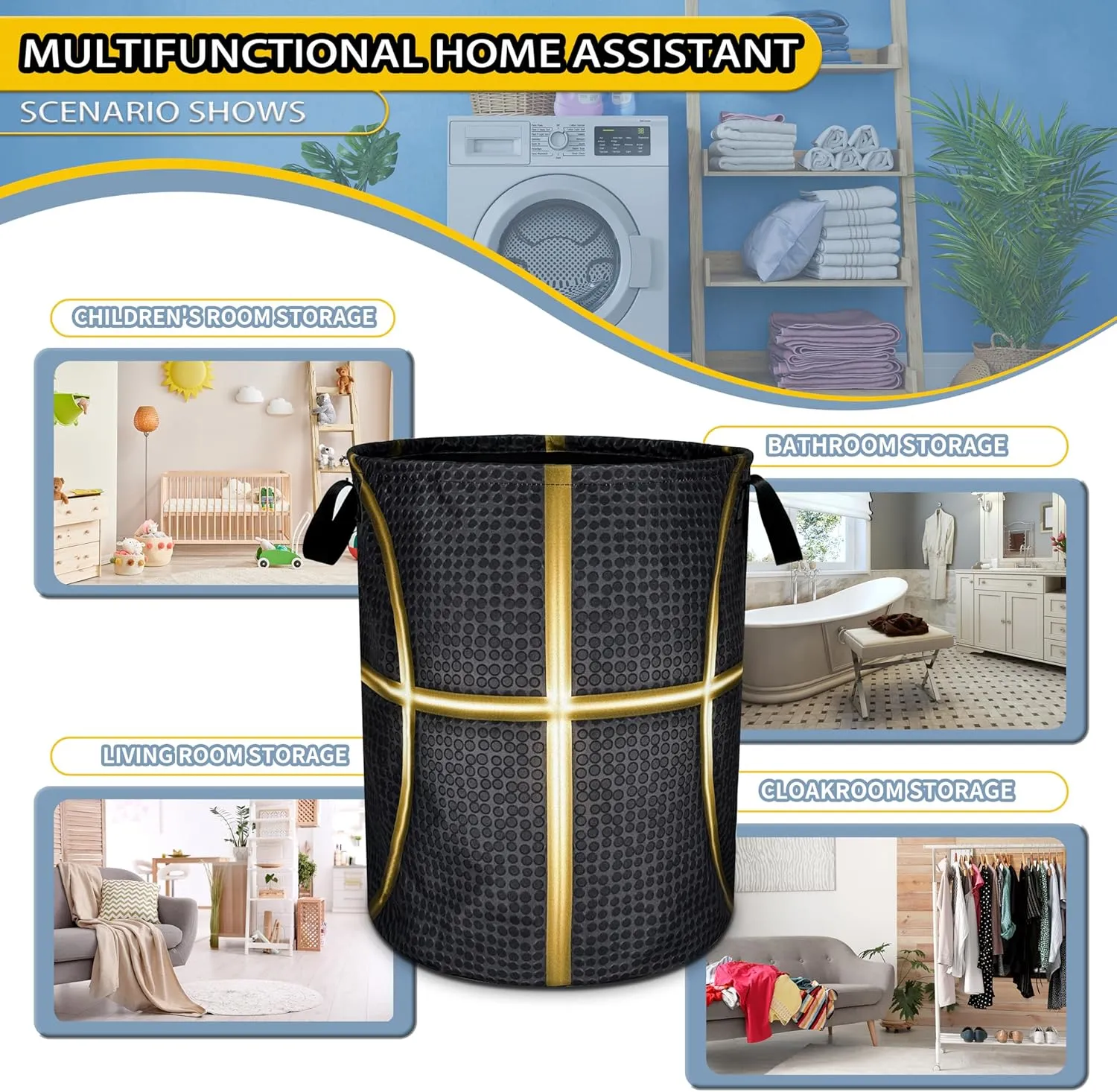 Black And Gold Basketball Laundry Basket Foldable Oxford Cloth Funny Tote Bag Laundry Hamper Clothes Storage Bucket Toy Organizer For Bathroom/Laundry Storage/Bedroom 18.9x16.5 Inch