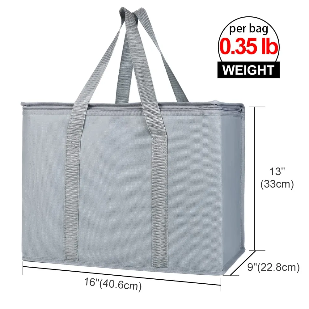 Bodaon 4-Pack Insulated Reusable Grocery Shopping Bags, X-Large Picnic Cooler Bag Zipper/Zippered Top Cold, Insulated Food/Pizza Delivery Bag, Grey