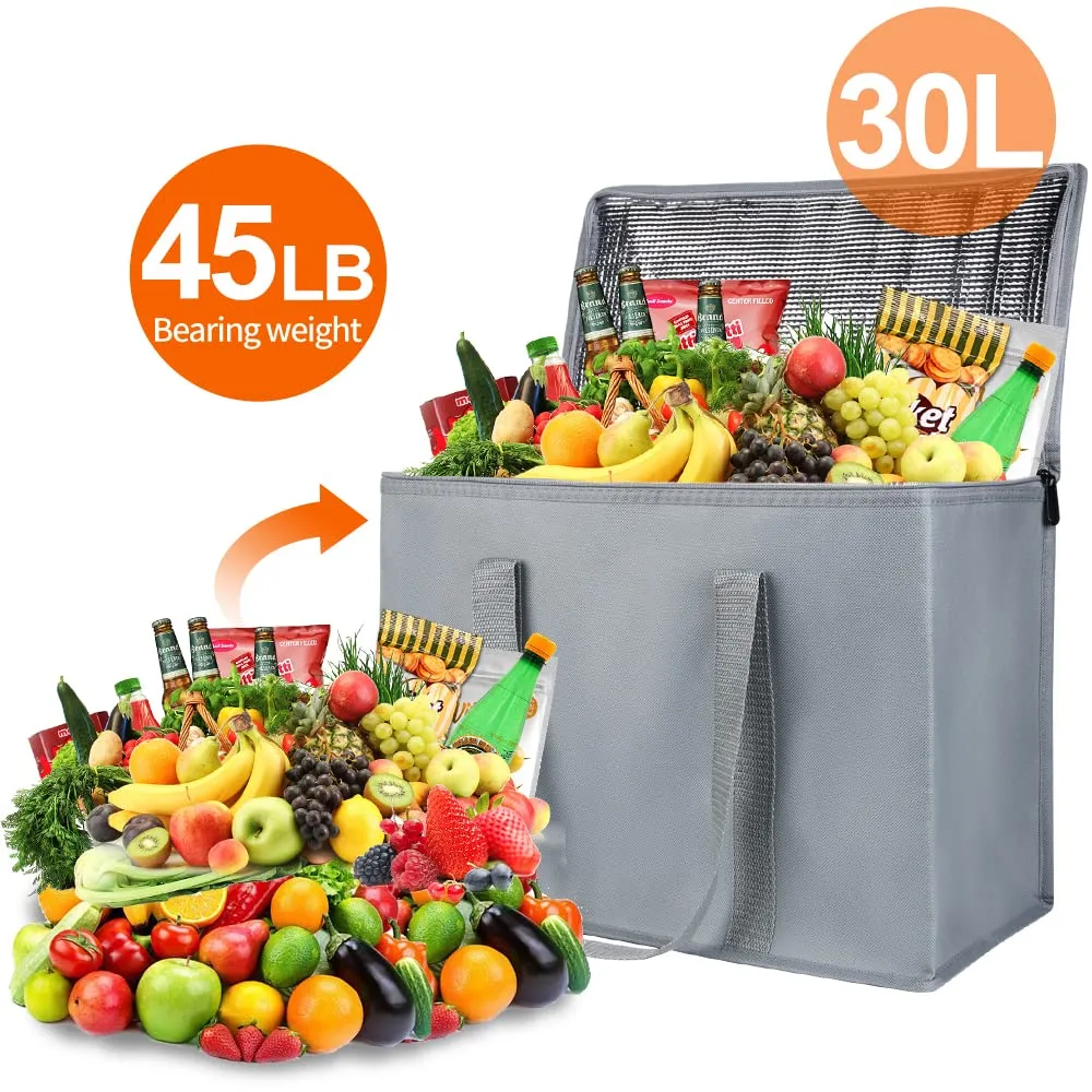 Bodaon 4-Pack Insulated Reusable Grocery Shopping Bags, X-Large Picnic Cooler Bag Zipper/Zippered Top Cold, Insulated Food/Pizza Delivery Bag, Grey