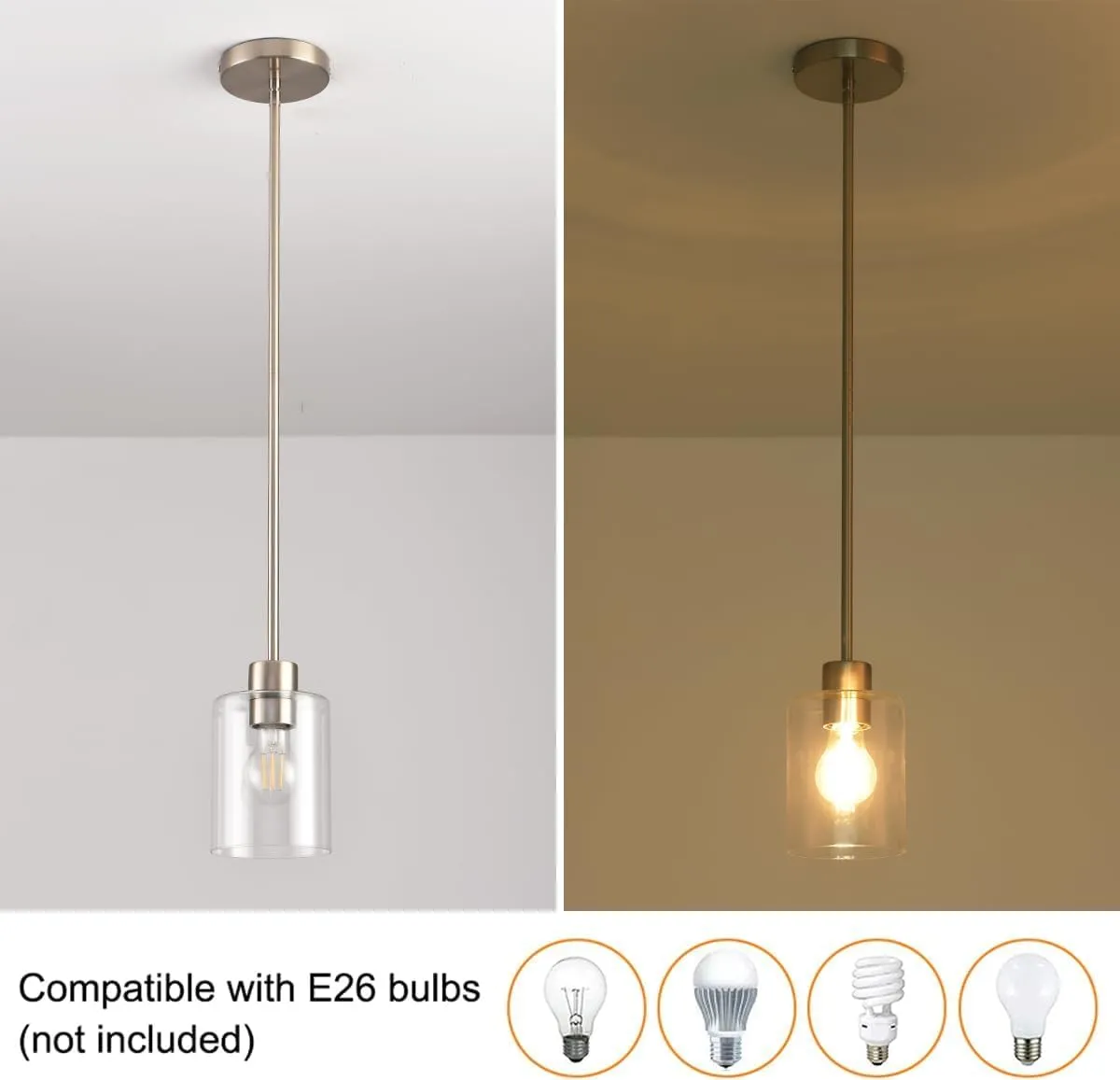 Brushed Nickel Pendant Lights Kitchen Island - Clear Glass Pendant Light Fixture Multiple Stems Rods 3 Units 12 Inch 3 Units 4 Inch (3 Pack Brushed Nickel)