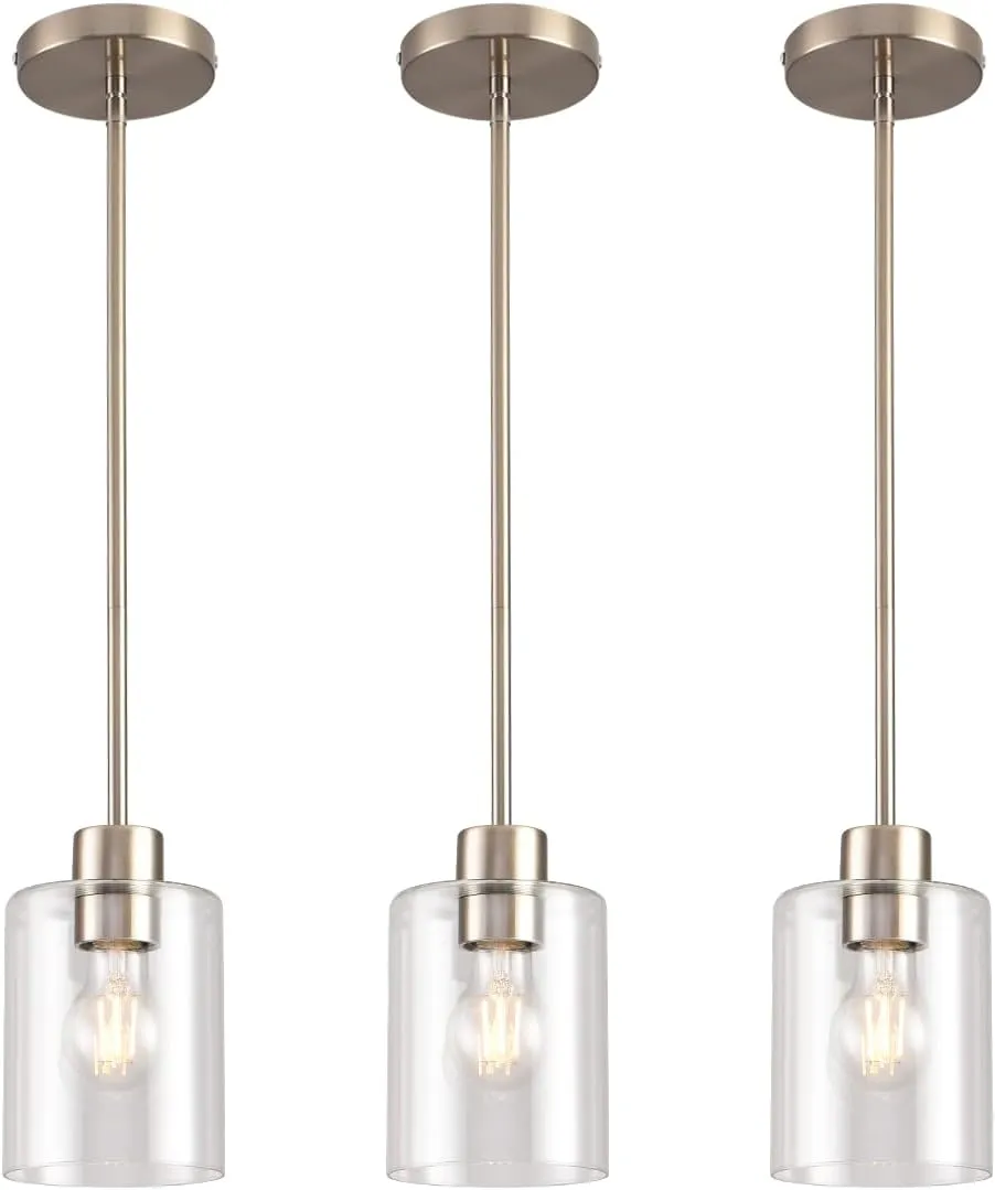 Brushed Nickel Pendant Lights Kitchen Island - Clear Glass Pendant Light Fixture Multiple Stems Rods 3 Units 12 Inch 3 Units 4 Inch (3 Pack Brushed Nickel)