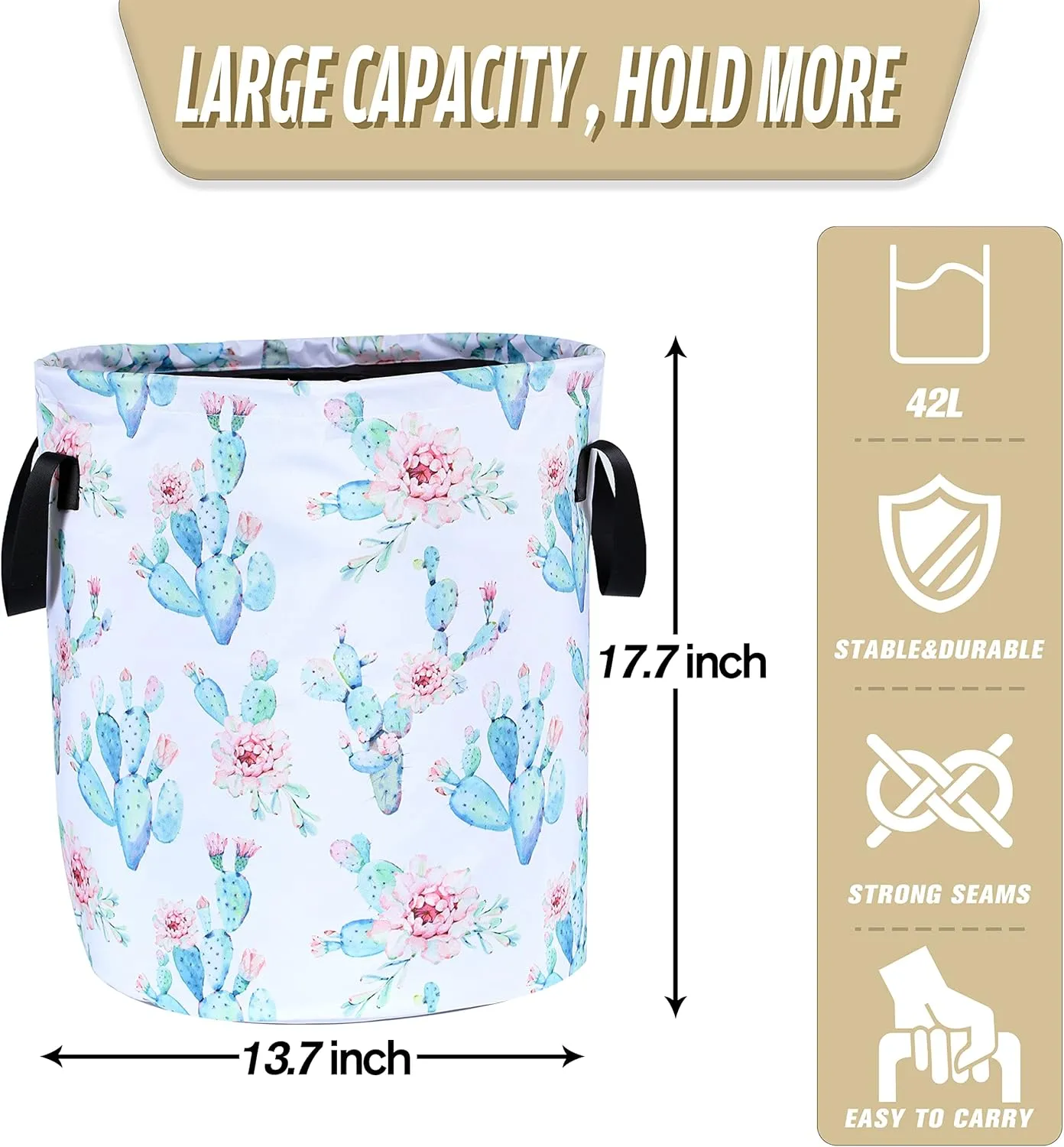 Cactus Flowers Laundry Basket Pink Floral Foldable Oxford Cloth Funny Tote Bag Laundry Hamper Clothes Storage Bucket Organizer For Bathroom/Laundry Storage/Bedroom 17.7x13.7 Inch