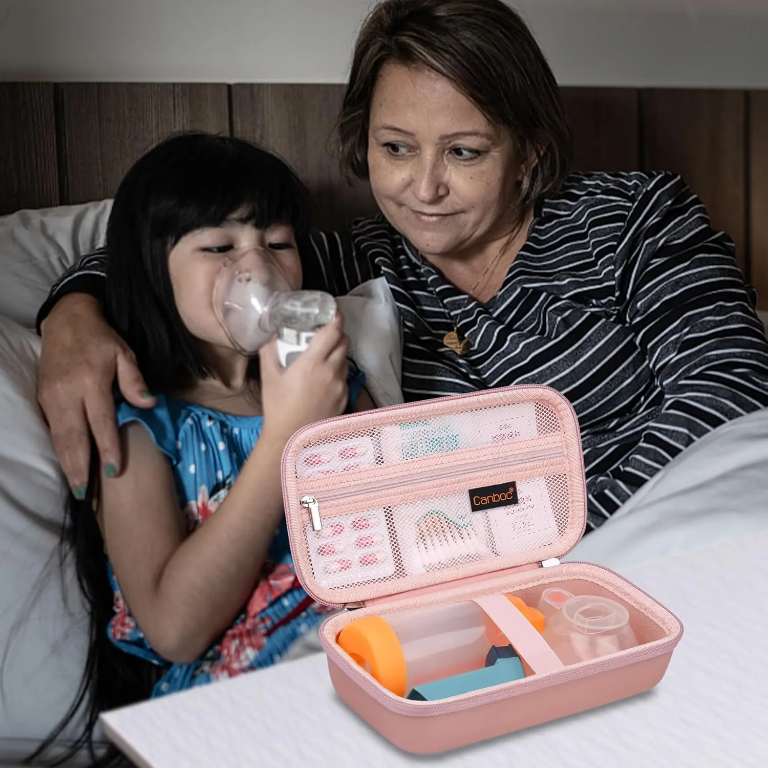 Canboc Carrying Case for Asthma Inhaler, Handheld Spacer for Adults and Kids, Mask, Inhaler Spacer Bag with Removable Shoulder Strap, Mesh Pocket fit Medicine or Essentials, Rose Gold (Case Only)