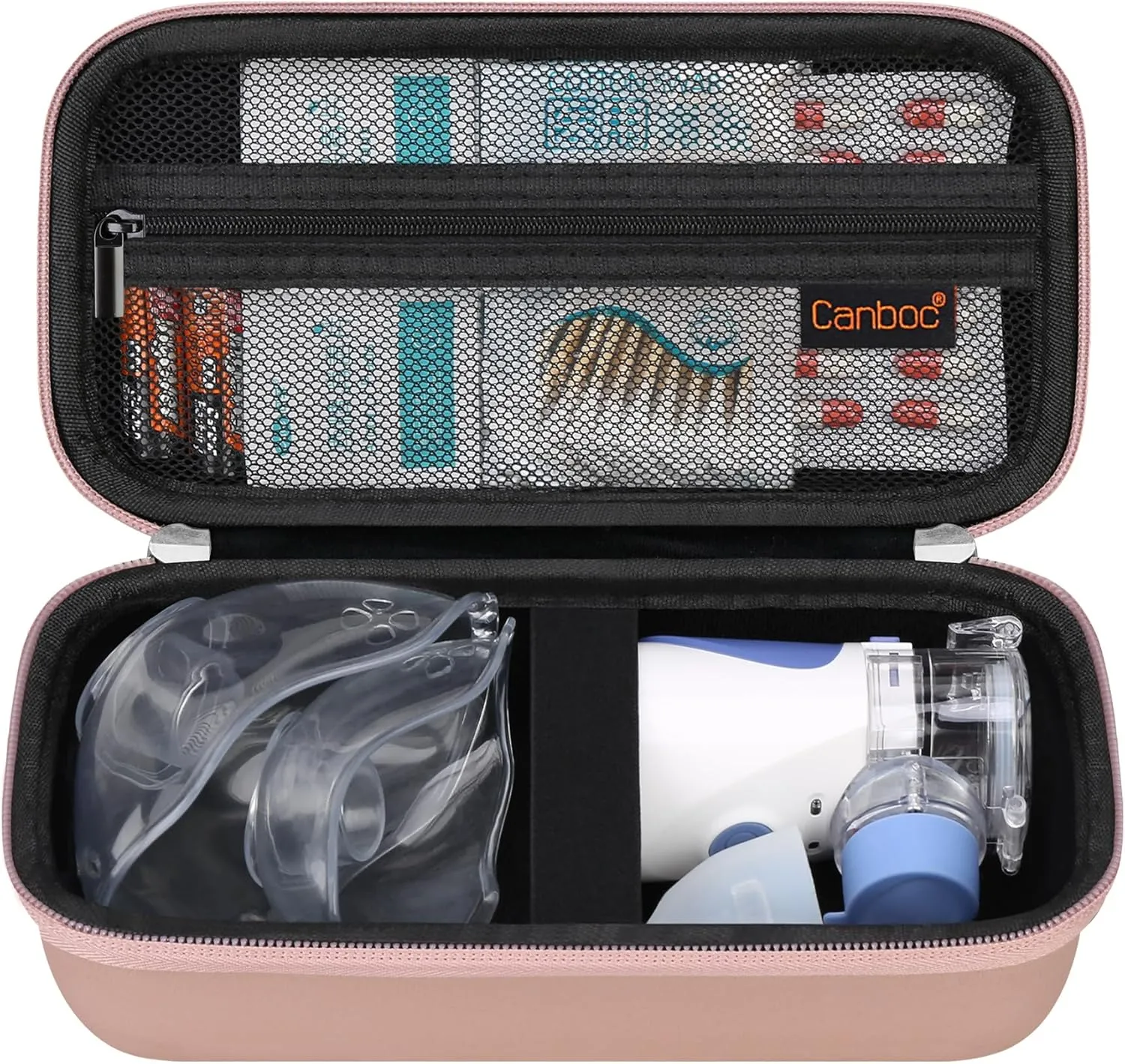 Canboc Hard Travel Case for Portable Handheld Inhaler Nebulizer, Home Compression Nebulizer for Adults and Kids, Mesh Pocket fit Packets of Medication or Other Essentials, Rose Gold (Case Only)