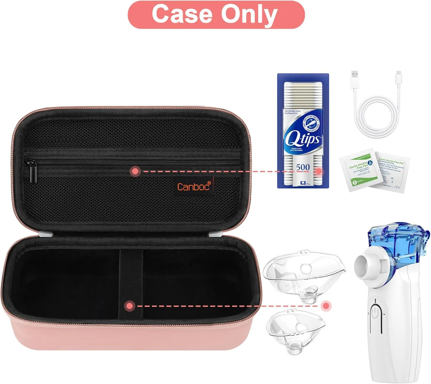 Canboc Hard Travel Case for Portable Handheld Inhaler Nebulizer, Home Compression Nebulizer for Adults and Kids, Mesh Pocket fit Packets of Medication or Other Essentials, Rose Gold (Case Only)